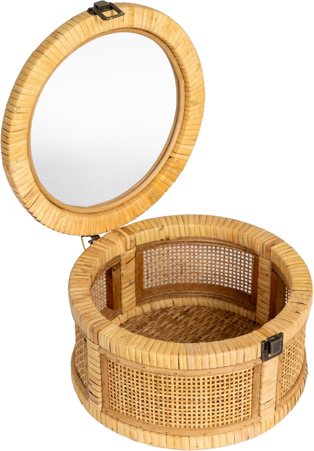 Creative Co-Op Rattan and Bamboo Nestable Round Storage with Glass Lids, Natural, Set of 2