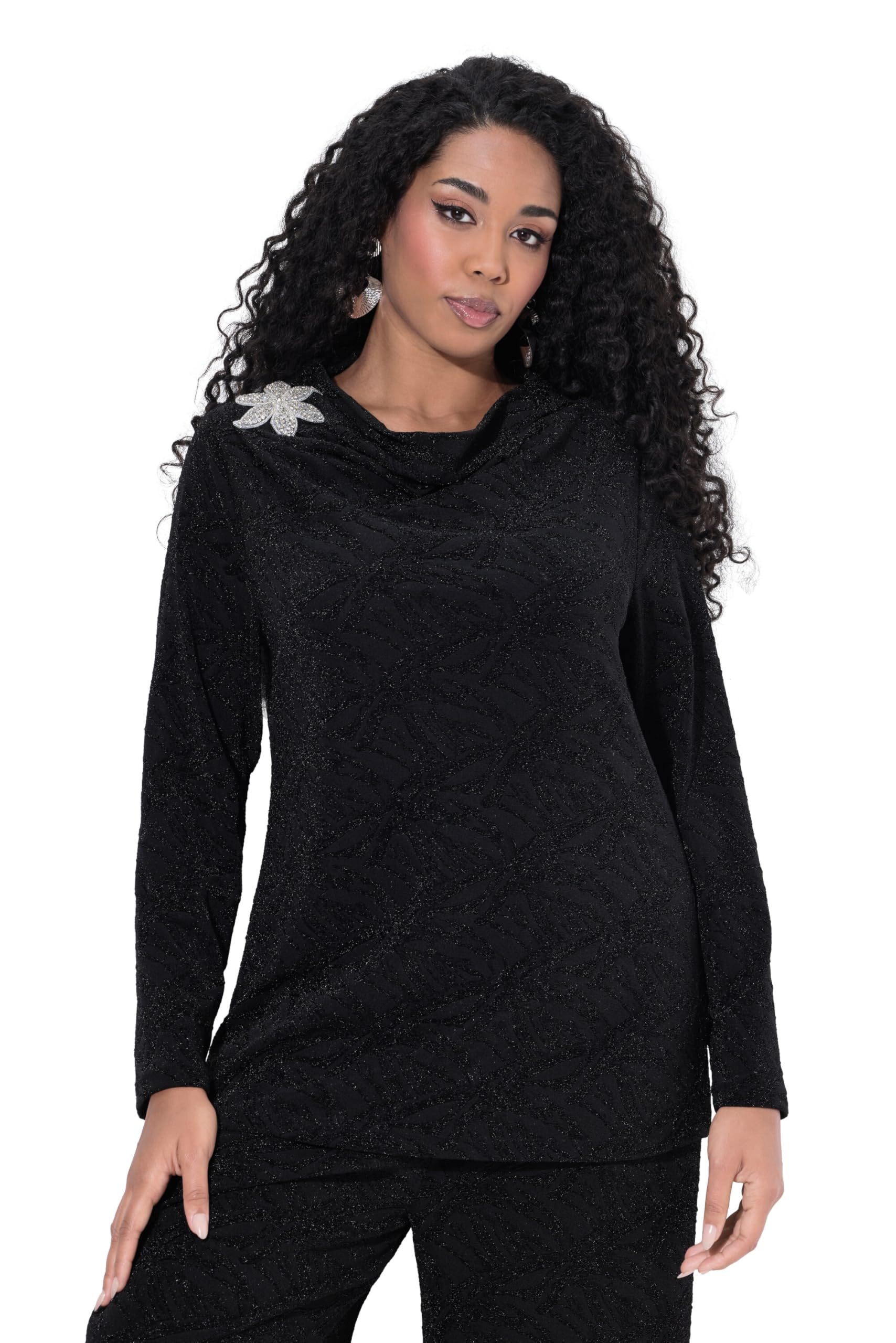 Ulla Popken Damen große Größen Übergrößen Plus Size Shirt, Blüte, Stehkragen, Wasserfallausschnitt, Langarm 842634