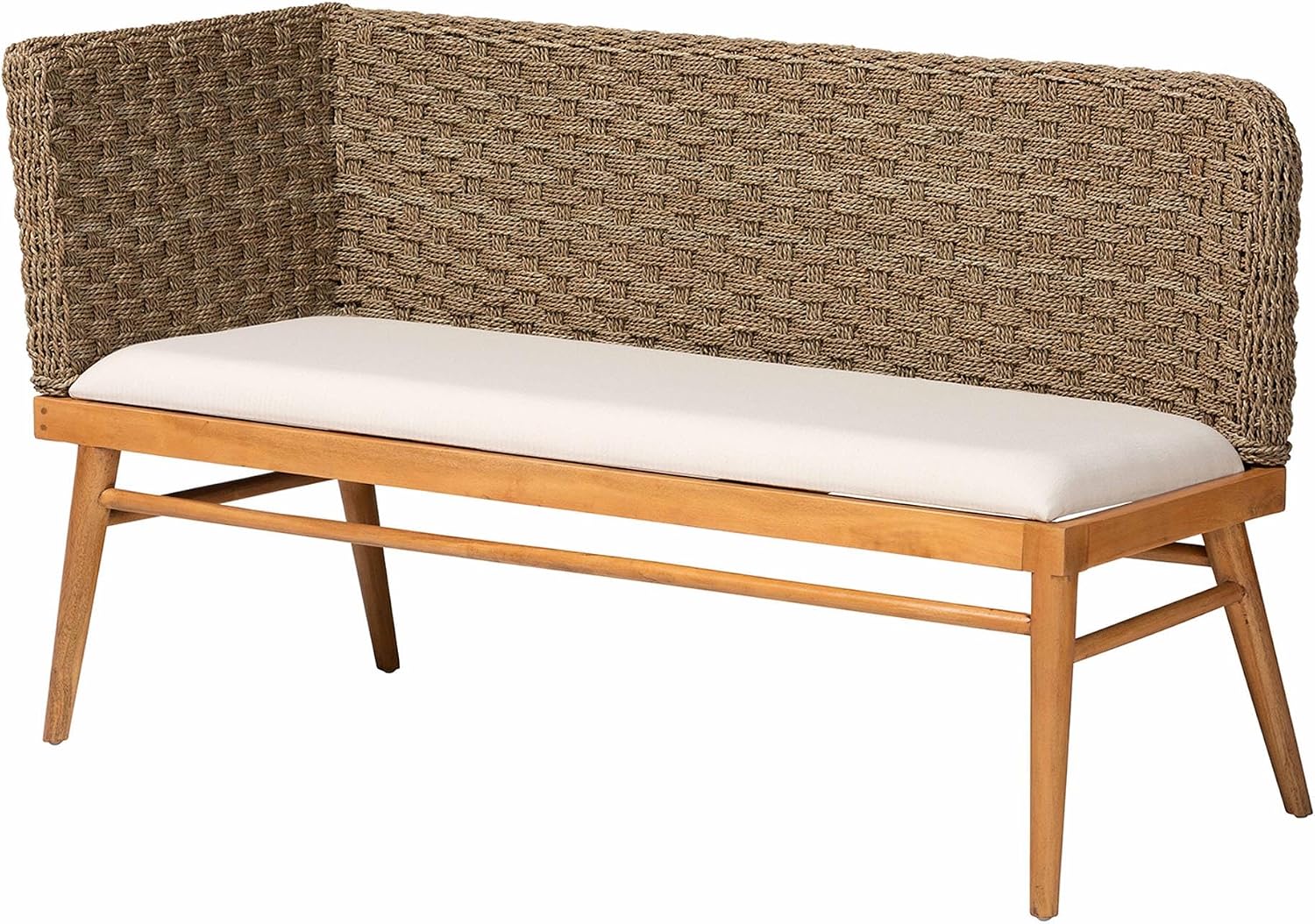 bali & pari Denver Modern Bohemian Natural Seagrass and Acacia Wood 3-Piece Dining Nook Set
