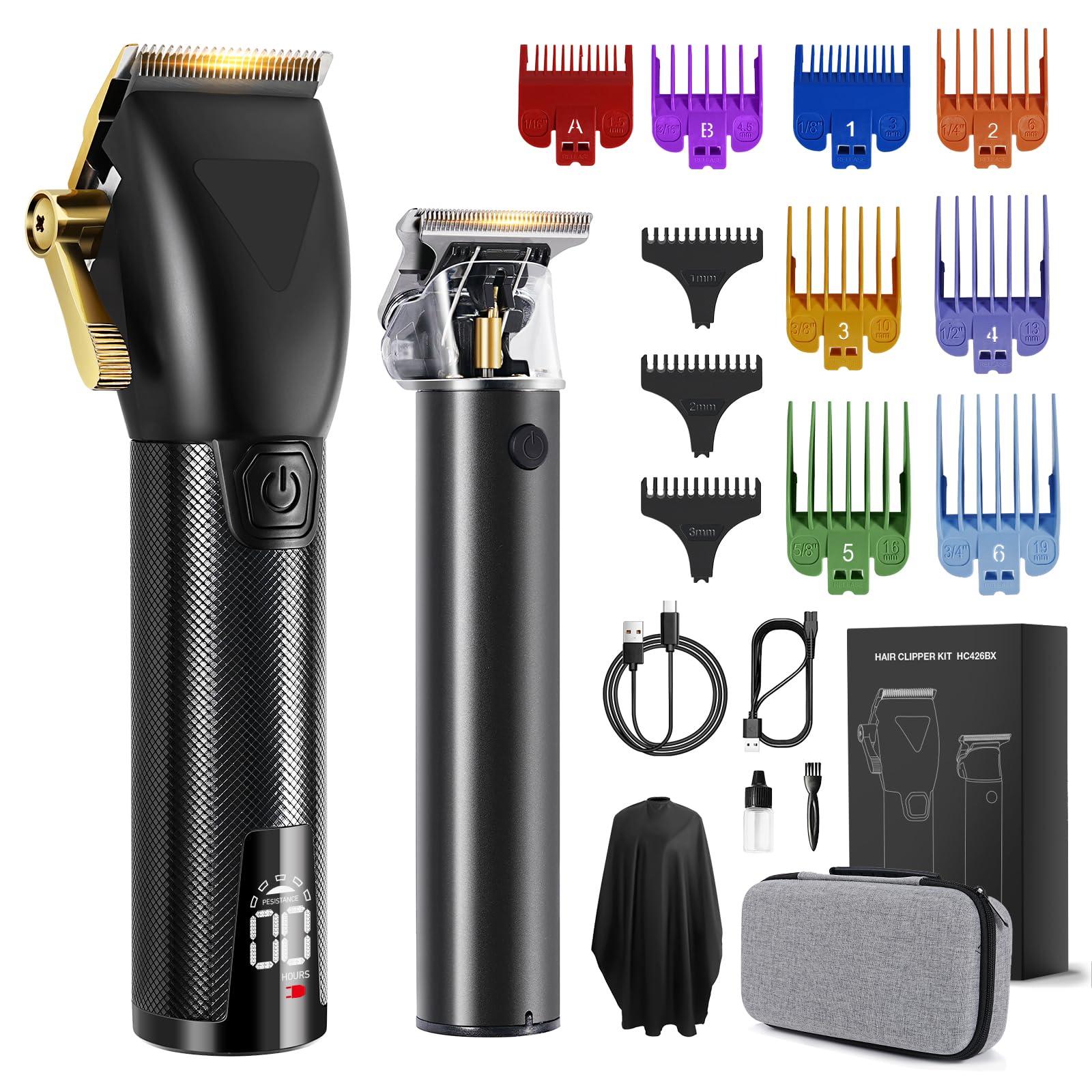 Professional Hair Clippers Men, Cordless Hair Trimmer Barber Clippers Electric Hair Cutting Kit Rechargeable, 11 Guide Combs