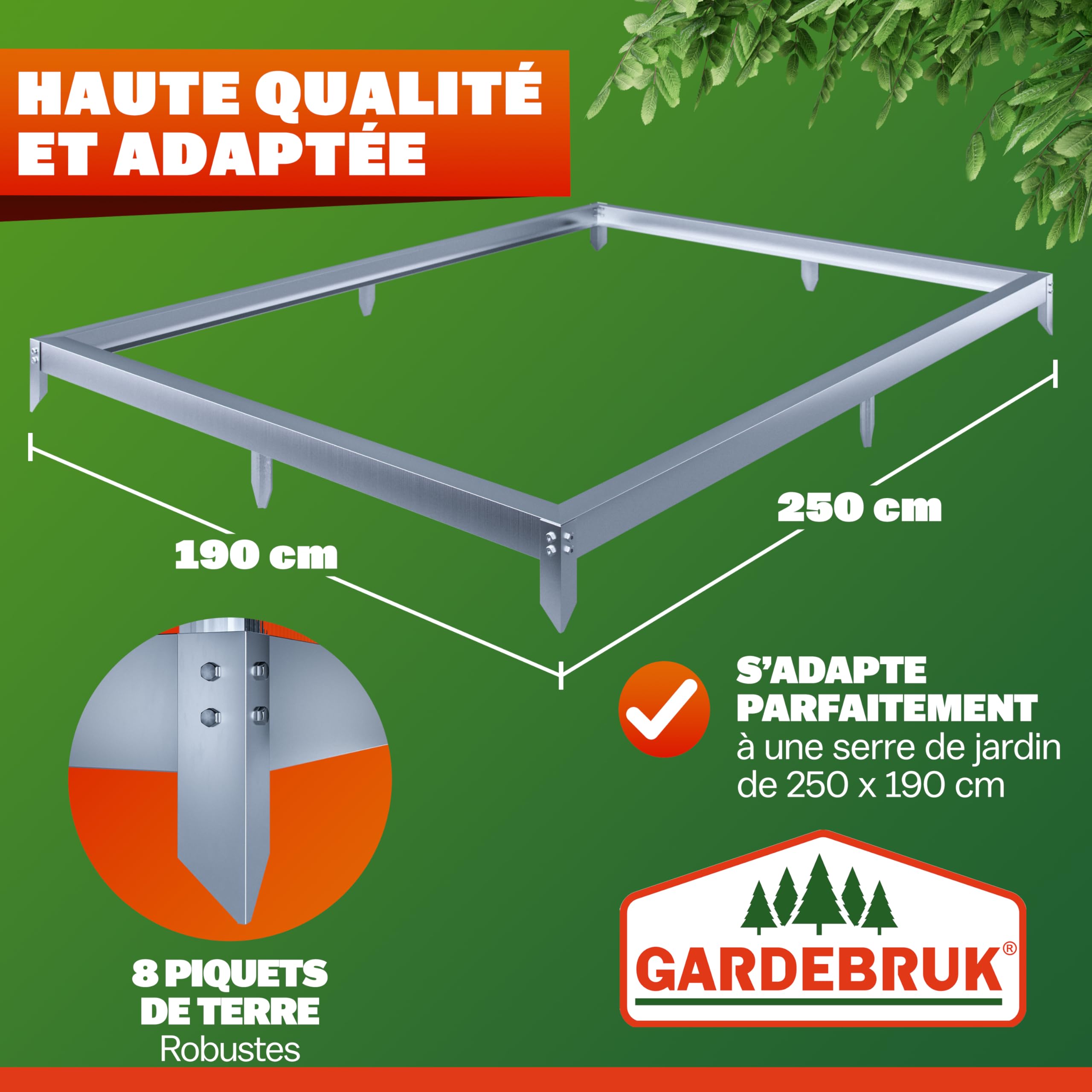 Gardebruk® Fondation Serre de Jardin 250x190cm Acier Inoxydable Cadre Acier matériel Montage Fixation Sol embase Serre Aluminium Polycarbonate