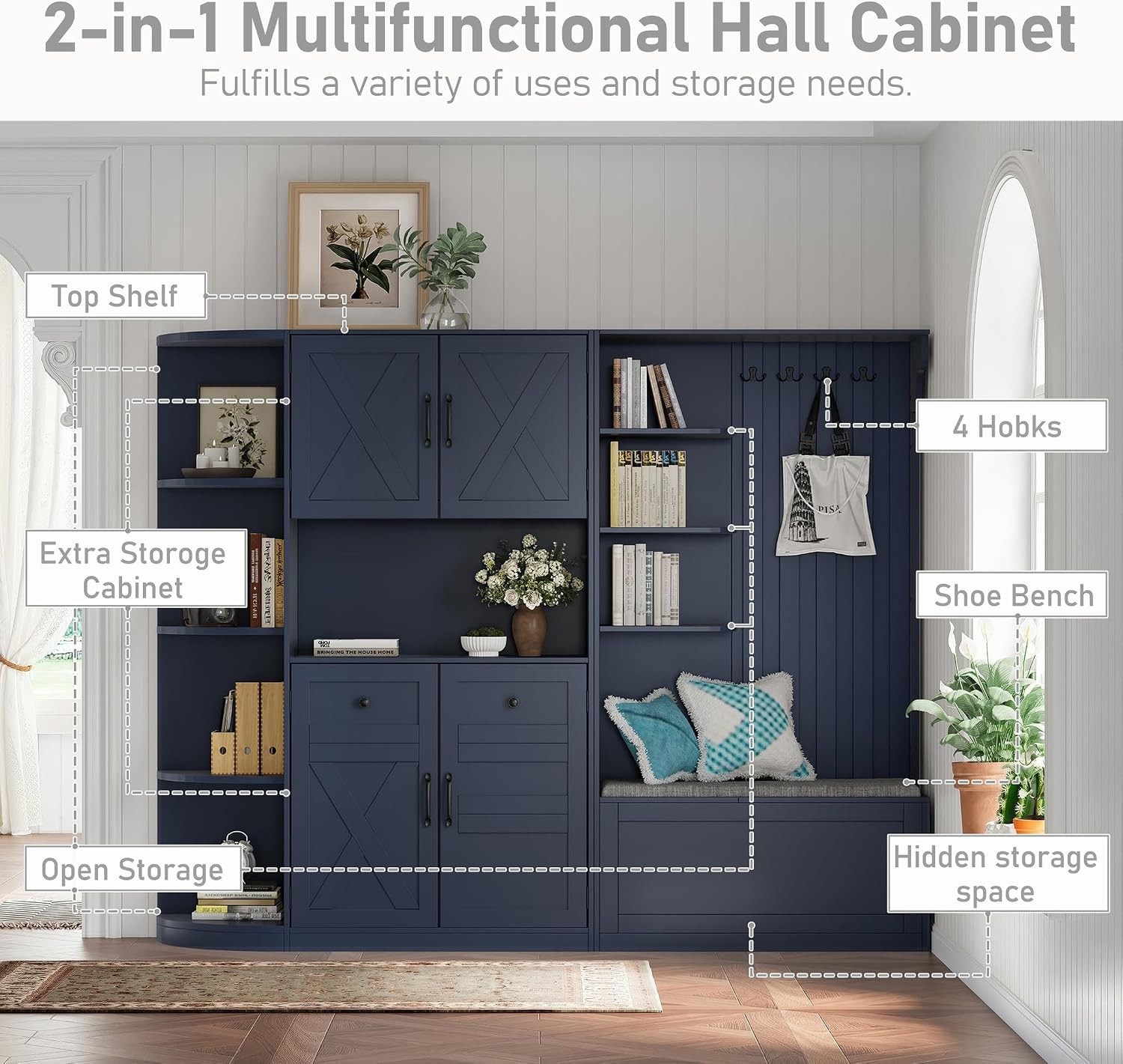 Antique Blue Multifunctional Hall Tree with Bench and Shoe Storage, Left-Right Combination Cabinet, Mudroom Bench with Storage and Hooks for Living Room, Kitchen, and Hallway