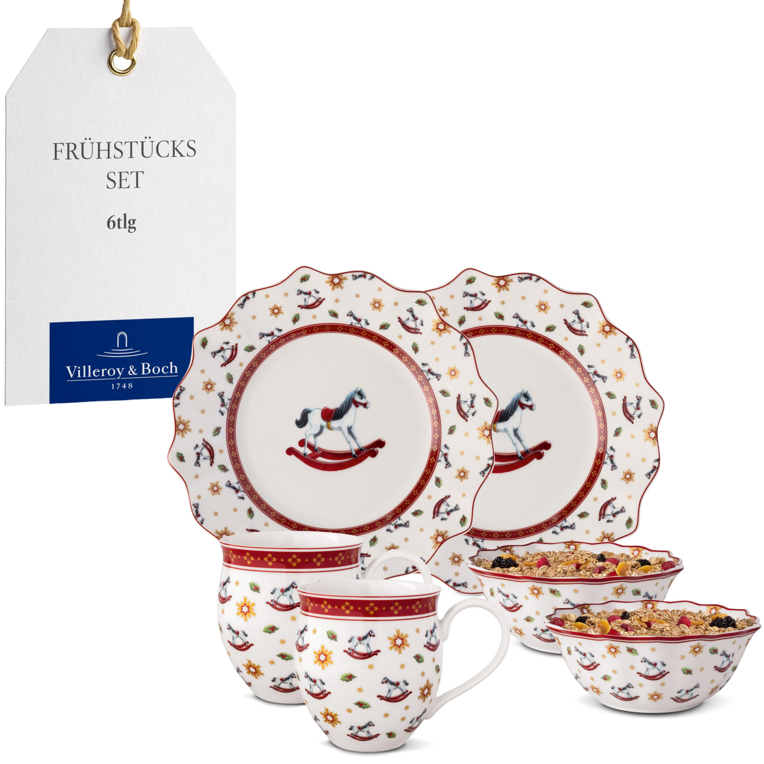 Villeroy & Boch - Toy's Delight Frühstücks-Set für 2 Schaukelpferd 6 teilig Bunt, Weihnachten, Geschirr Set mit Frühstückstellern, Tassen und Schüsseln, Weihnachtsgeschirr, Premium Porzellan
