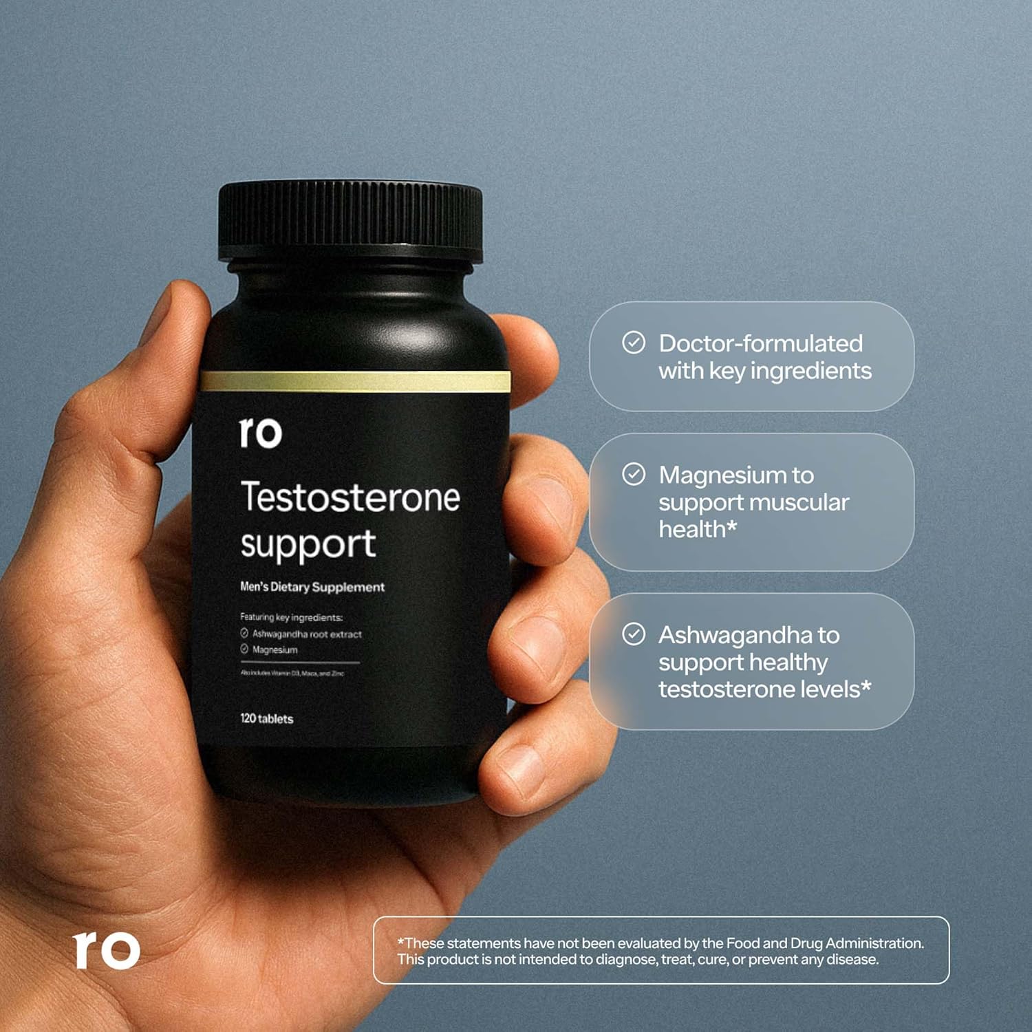 Ro Testosterone Support for Men | Daily Nutritional Supplement with Ashwagandha to Support Healthy Testosterone Levels and Magnesium to Promote Muscular Health | (120 Tablets) - Image 2