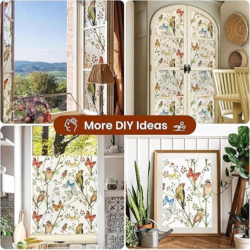 Miniatura 8 de DKTIE Película para ventana de vidrieras con kit de instalación, no adhesiva, se adhiere por estática, extraíble, patrón floral retro, protección de