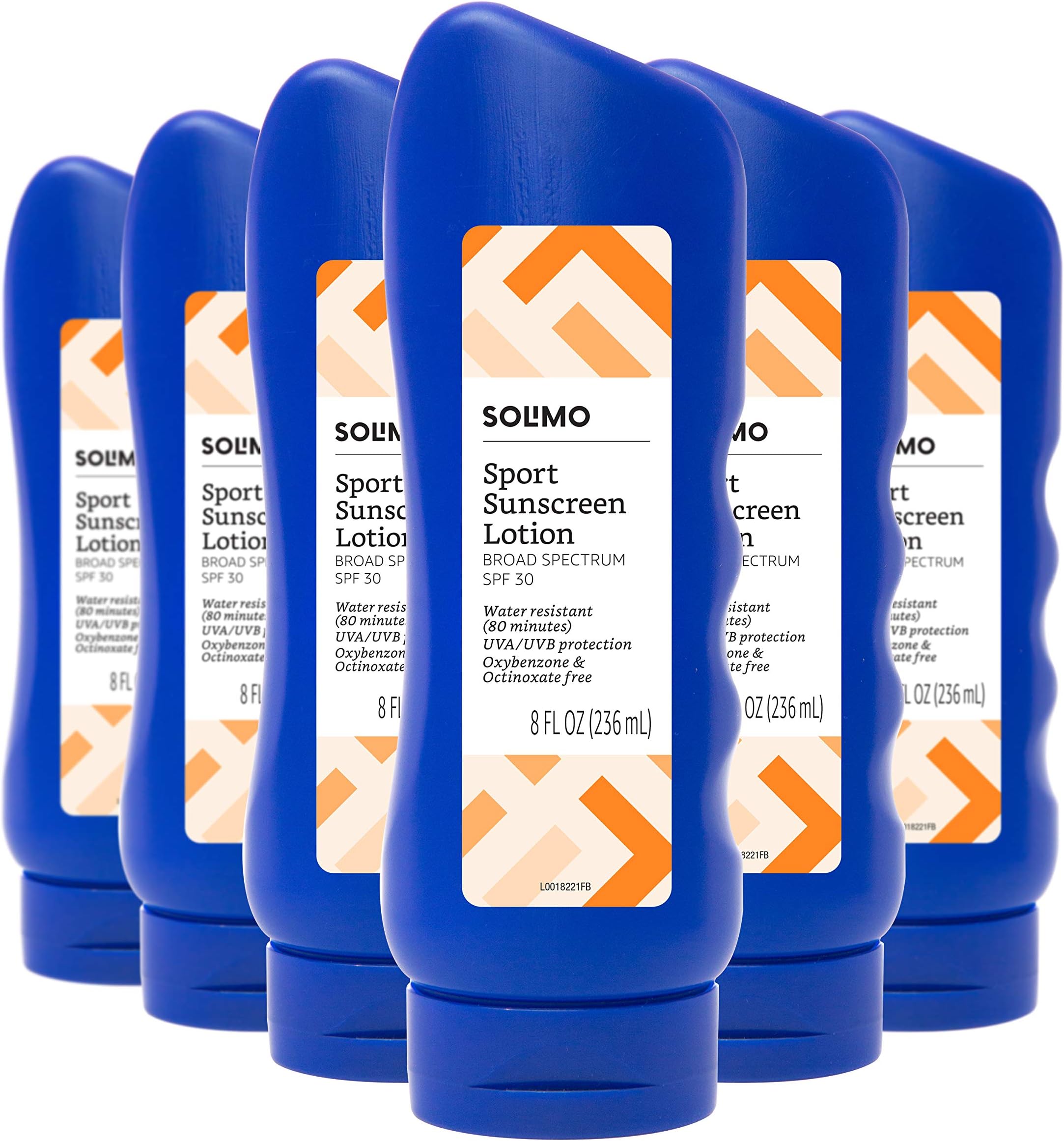 Amazon Brand - Solimo Sport Sunscreen Lotion, SPF 30, (Octinoxate & Oxybenzone Free), Broad Spectrum UVA/UVB Protection, unscented, 8 fl oz (Pack of 6)