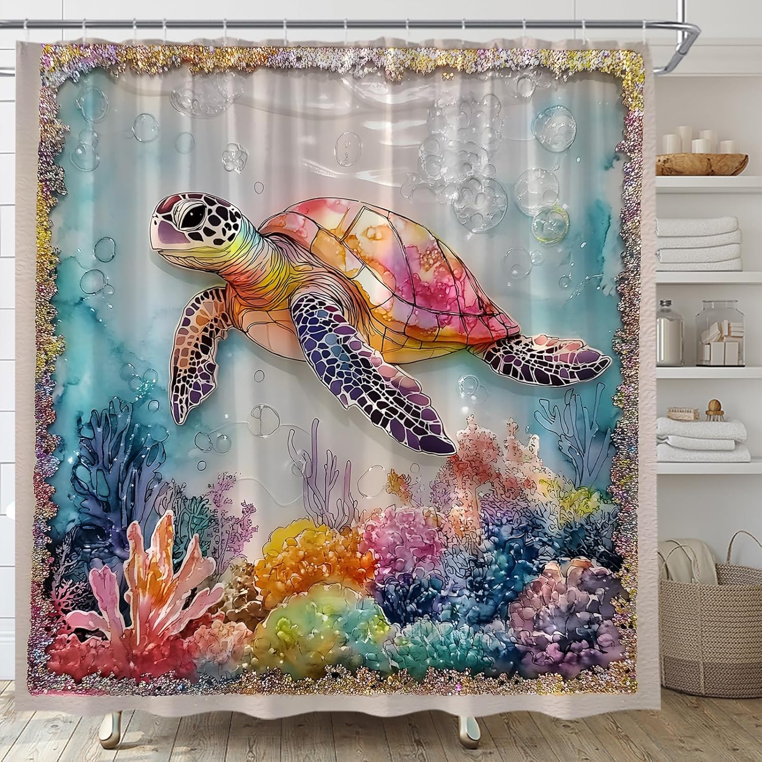 Pink Sea Turtle Shower Curtain Stained Glass Sea Turtle Watercolor Ocean Animal Colorful Underwater Beach Nautical Fabric Bathroom Decor Set with Hooks(70" Wx96 H)