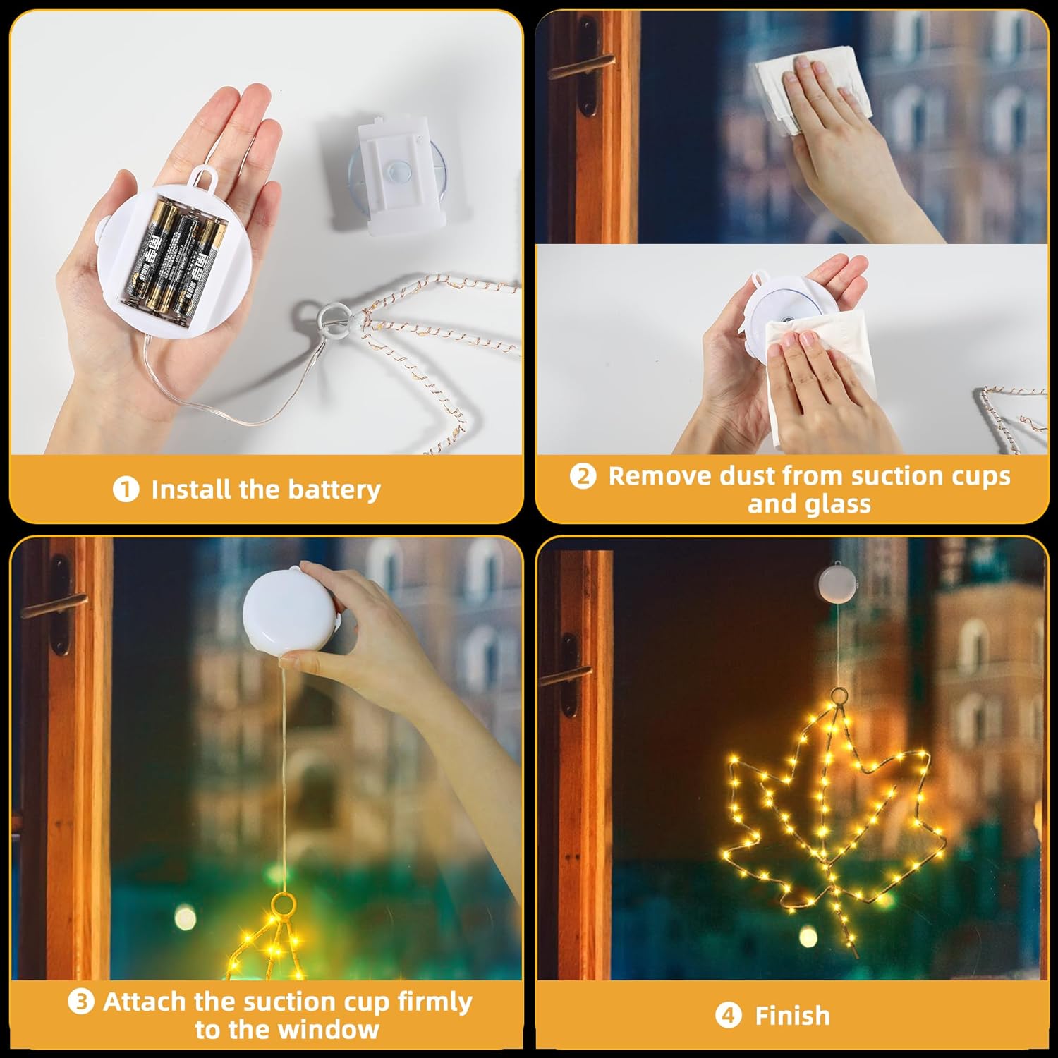 BlcTec Thanksgiving Decorations for Home 2 Pack 10Inch Maple Leaves Thanksgiving Window Lights with Suction Cups, Timer, Battery Operated Metal Frame Window Lights for Thanksgiving Decorations, Orange - Image 3