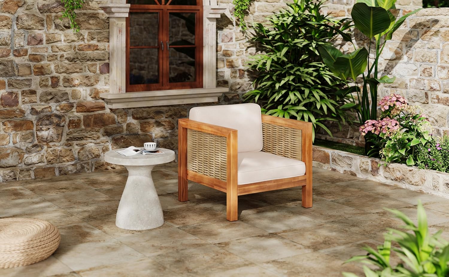 Outdoor Club Chair Set of 2 — Acacia Wood Frame, Wicker Armrests & Beige Cushions, 400 lbs Capacity, for Patio Garden Backyard