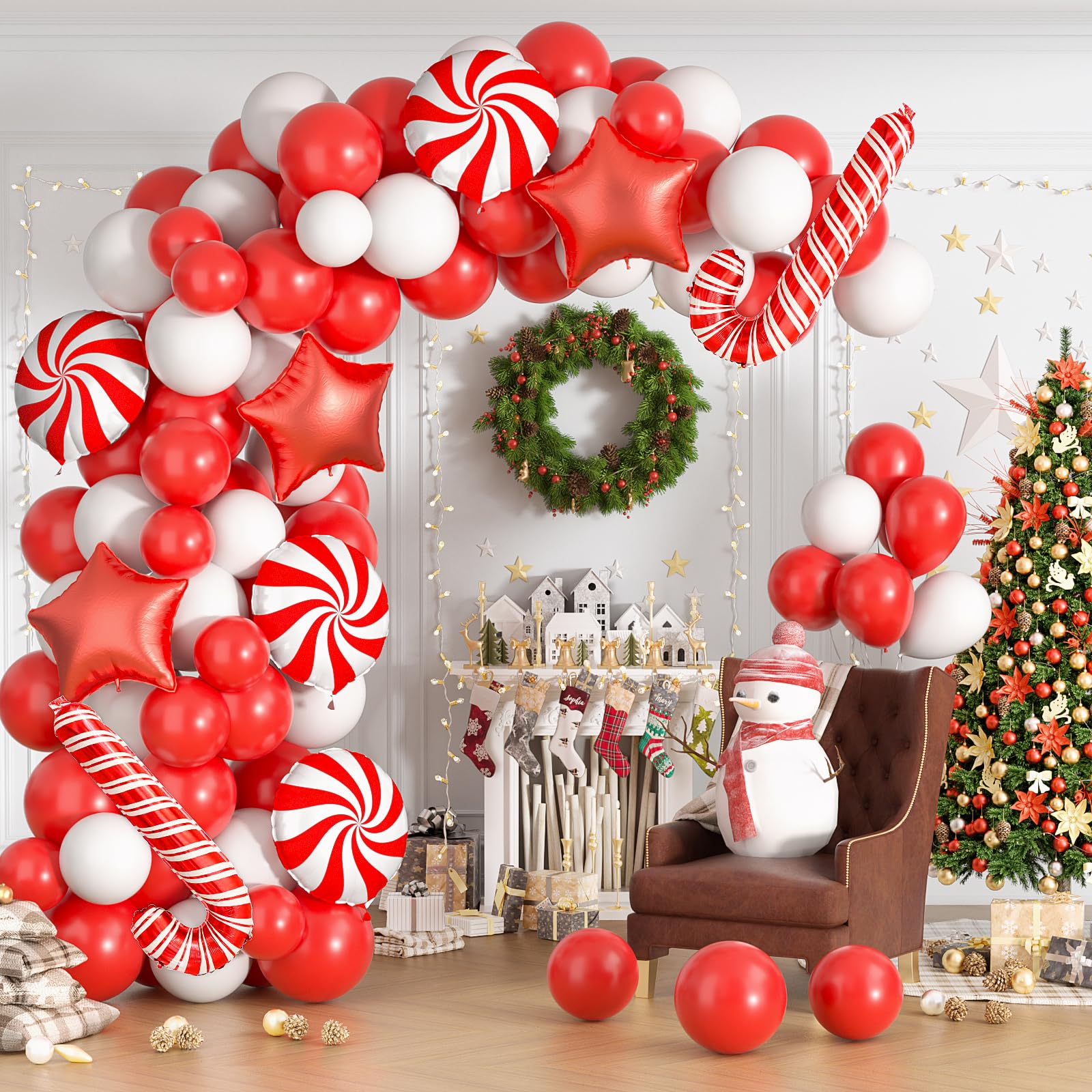 Christmas Candy Balloons Garland Arch Kit - 113PCS 32IN 18IN 12IN Red White Candy Foil Balloons and Red White Canes Foil Balloons for Christmas Birthday and Candies Theme Party Decorations