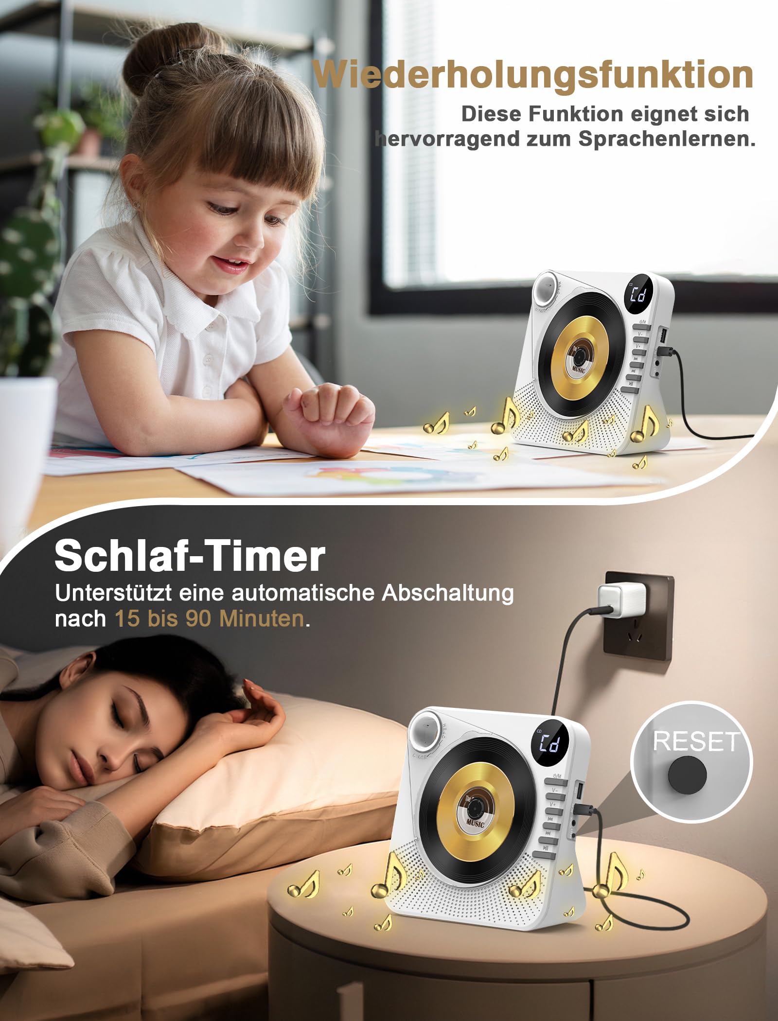 Greadio Lettore CD portatile con Bluetooth 5.1, lettore CD per bambini con altoparlante, telecomando, suono HiFi, protezione dalla polvere, riproduzione AUX/USB, lettore CD portatile per la casa