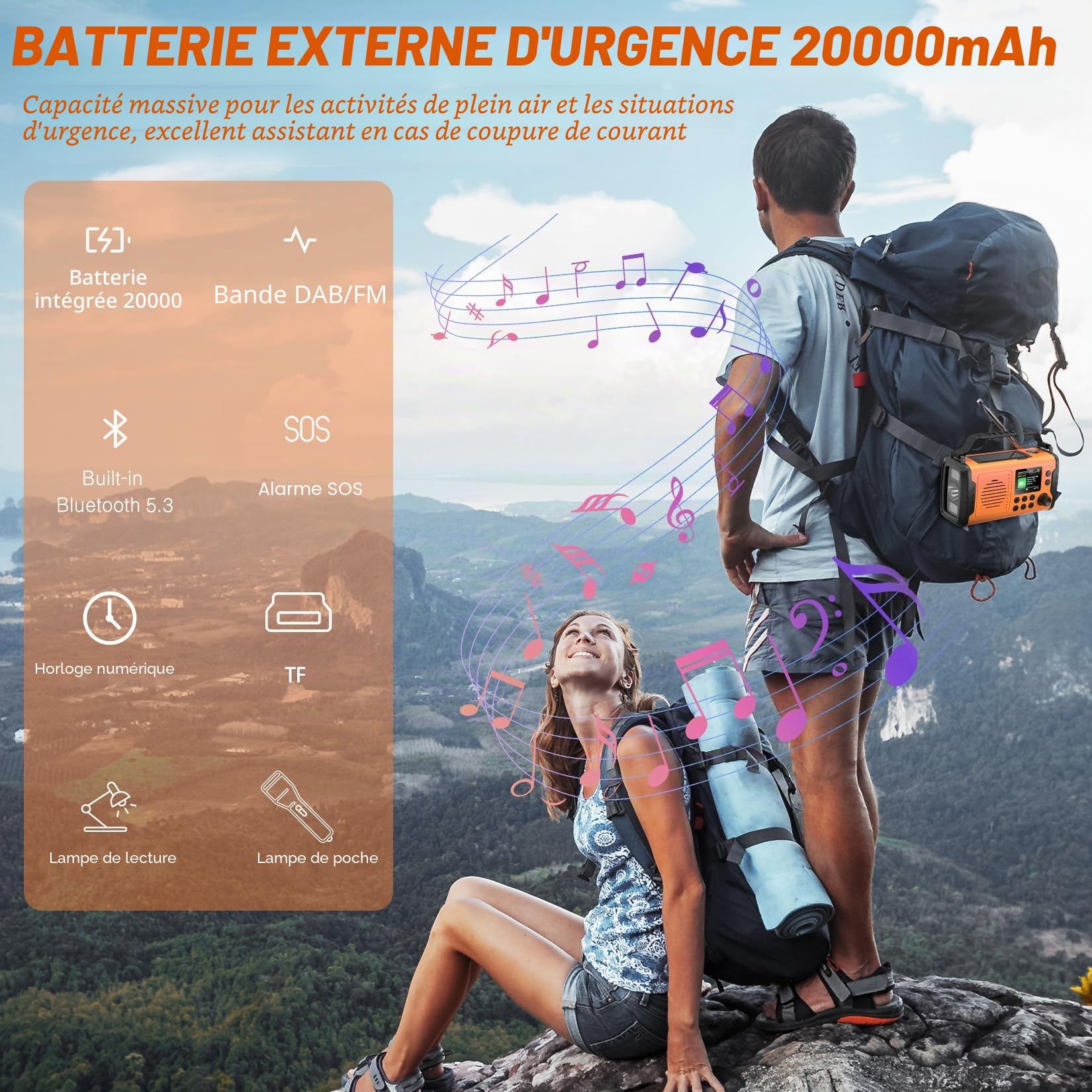 20000mAh Radio Survie Dab+ FM, Radio Solaire Portable Bluetooth avec Réveil, Alarme SOS d'urgence, Lampe de Poche Et Lampe de Lecture de Lampe de Lecture & Lampe Torche LED (Orange)