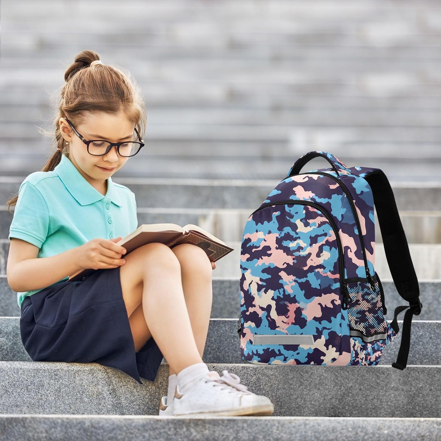 ALAZA Teens School Backpack Blue Pink Camouflage Pattern Laptop Backpack with Reflective Strap, Travel Backpack Casual Daypack for Elementary Primary middle Bookbag