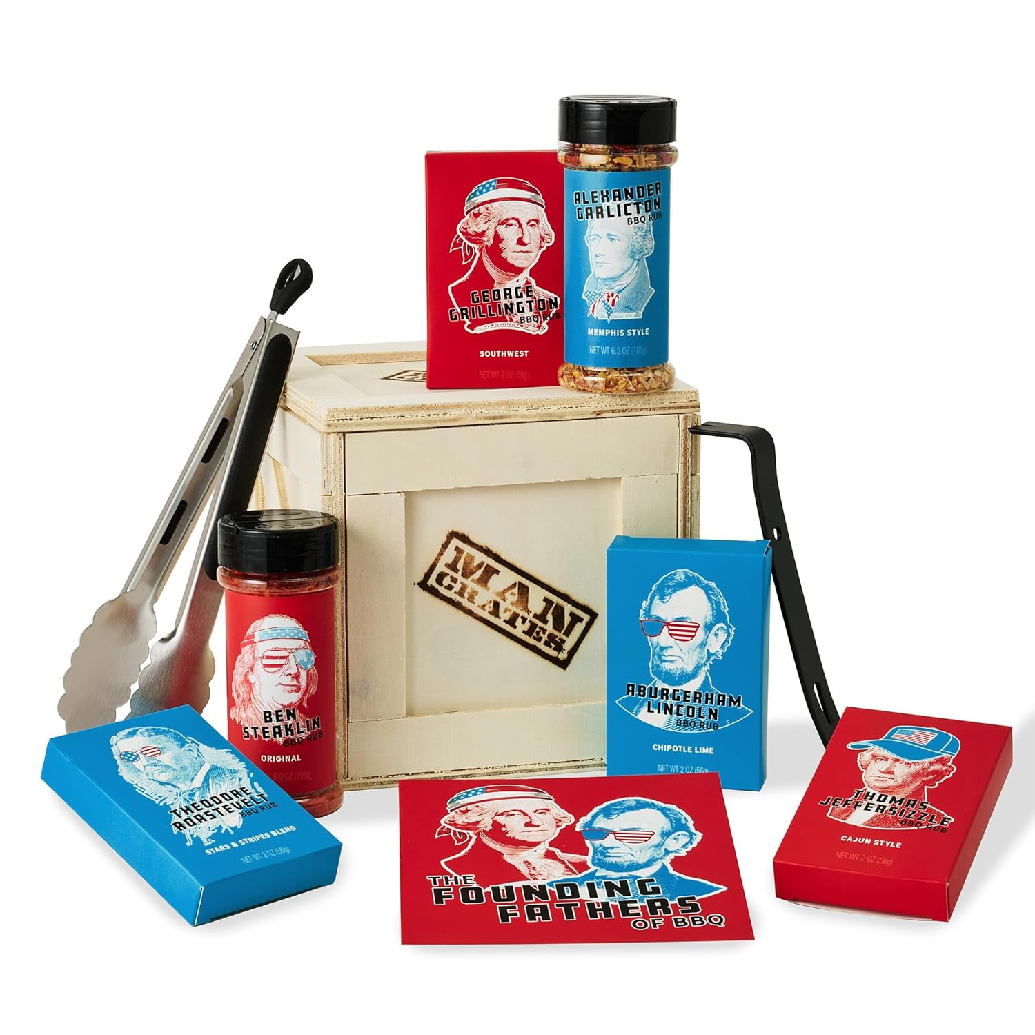 Man Crates, Founding Fathers BBQ Rubs Crate, Includes Barbecue Seasonings, Gourmet Spices, and Grilling Tongs, Fun Present for Dad, Meat Lovers, Unique Gift for Men, Husband, Him