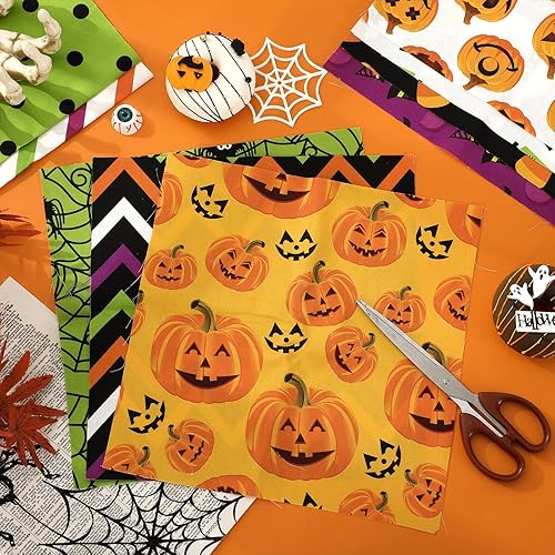 Miniatura 9 de Whaline 12 paquetes de tela de algodón de Halloween de 18 x 22 pulgadas, tela de araña, calabaza, monstruo, cuartos gordos verdes, morados, negros,