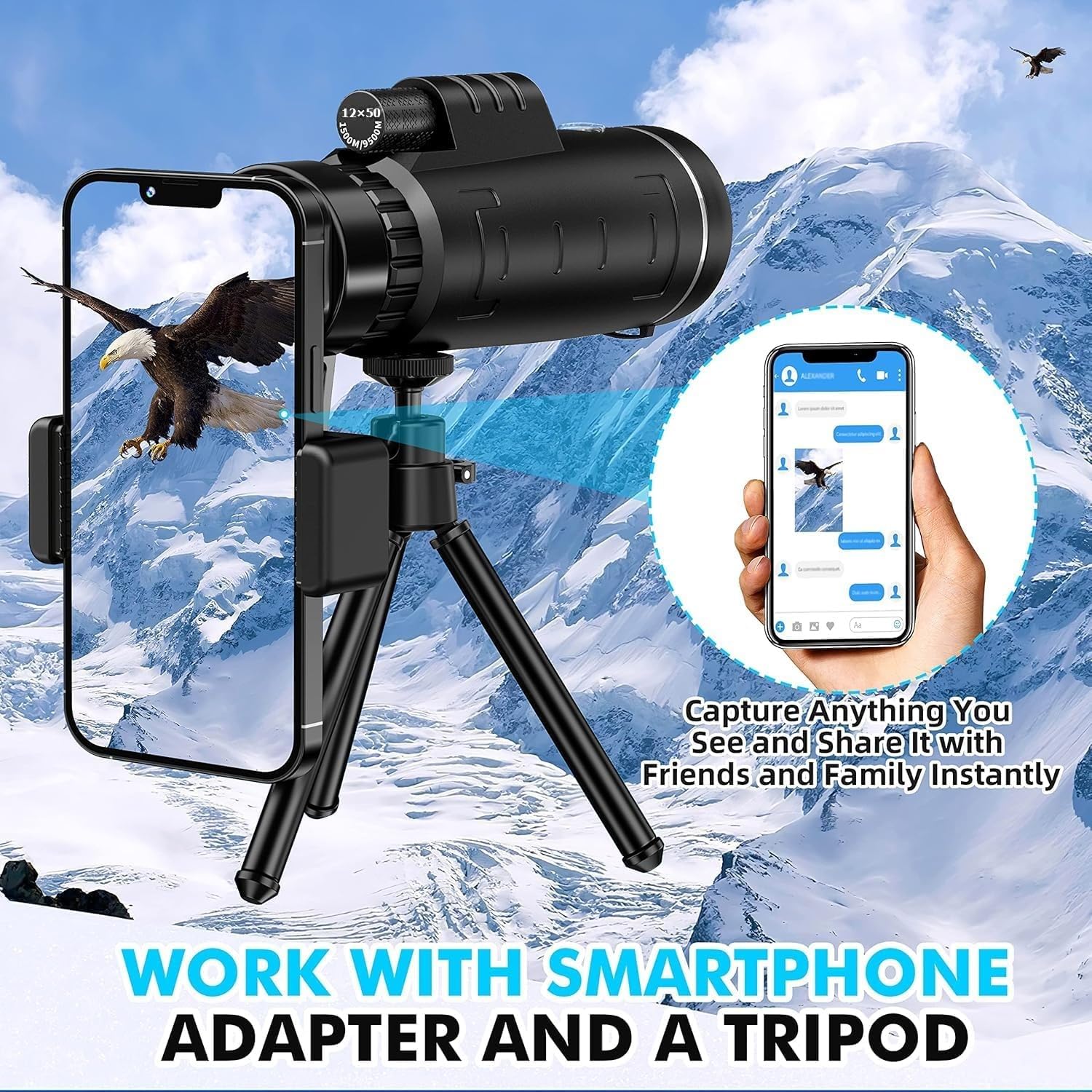 Monocular, Télescope monoculaire 12X50,Telescope Monocular, Monoculaire HD avec Trepied pour Smartphone pour l'Observation des Oiseaux Concerts Chasse