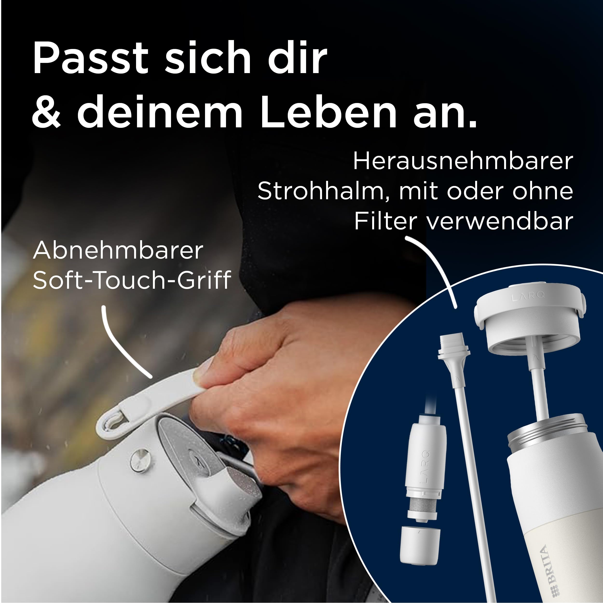 BRITA LARQ iQ Digitale Filter Trinkflasche weiß (680 ml) inkl. Hydration Tracking (App), Aktivkohle Wasserfilter & UV-C – neutralisiert 99,99% Bakterien & filtert Mikroverunreinigungen, PFAS & mehr