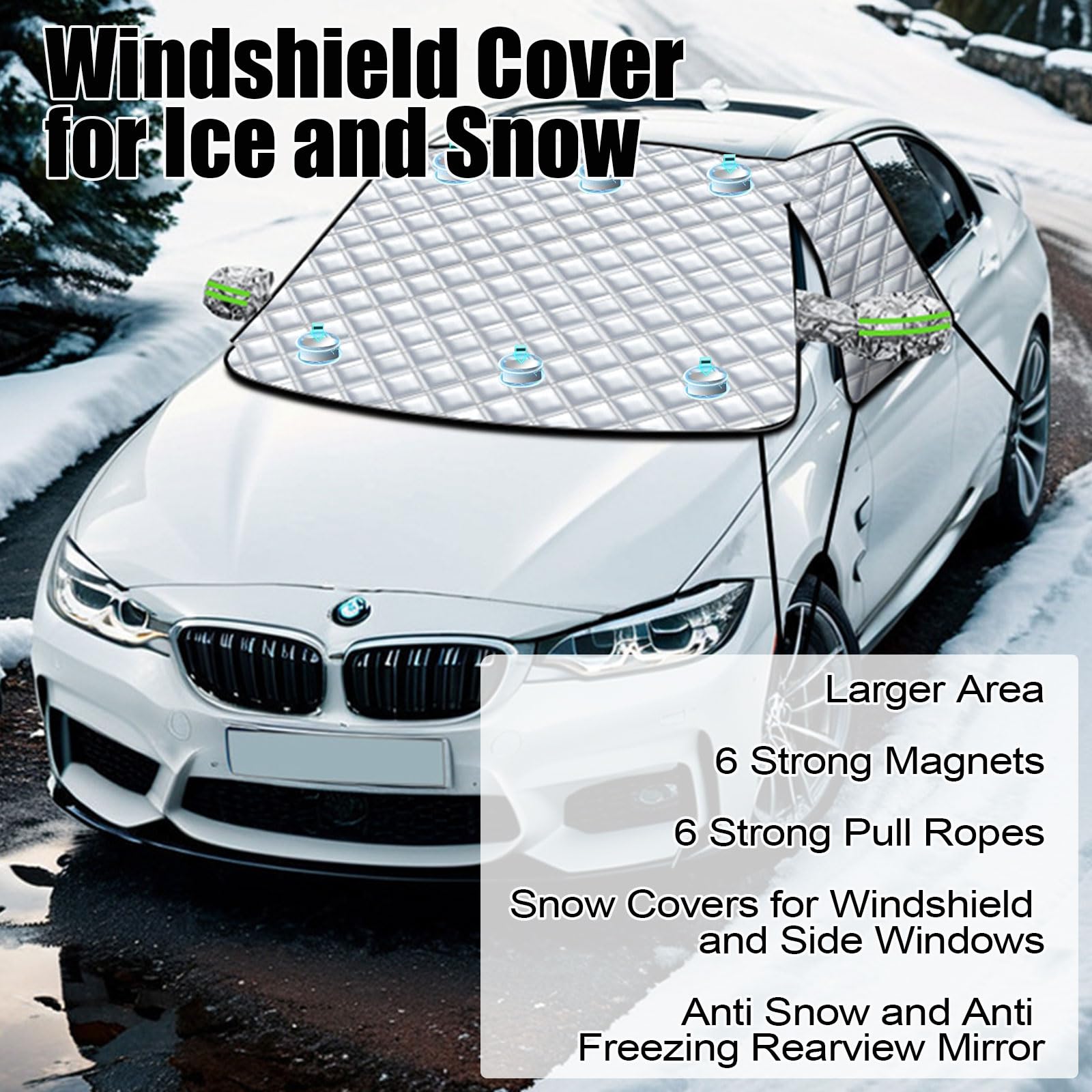 Copertura per parabrezza auto con 6 magneti nascosti, alette laterali a specchio e ganci, protezione solare per parabrezza anteriore, protezione solare per auto per neve, ghiaccio, brina, polvere
