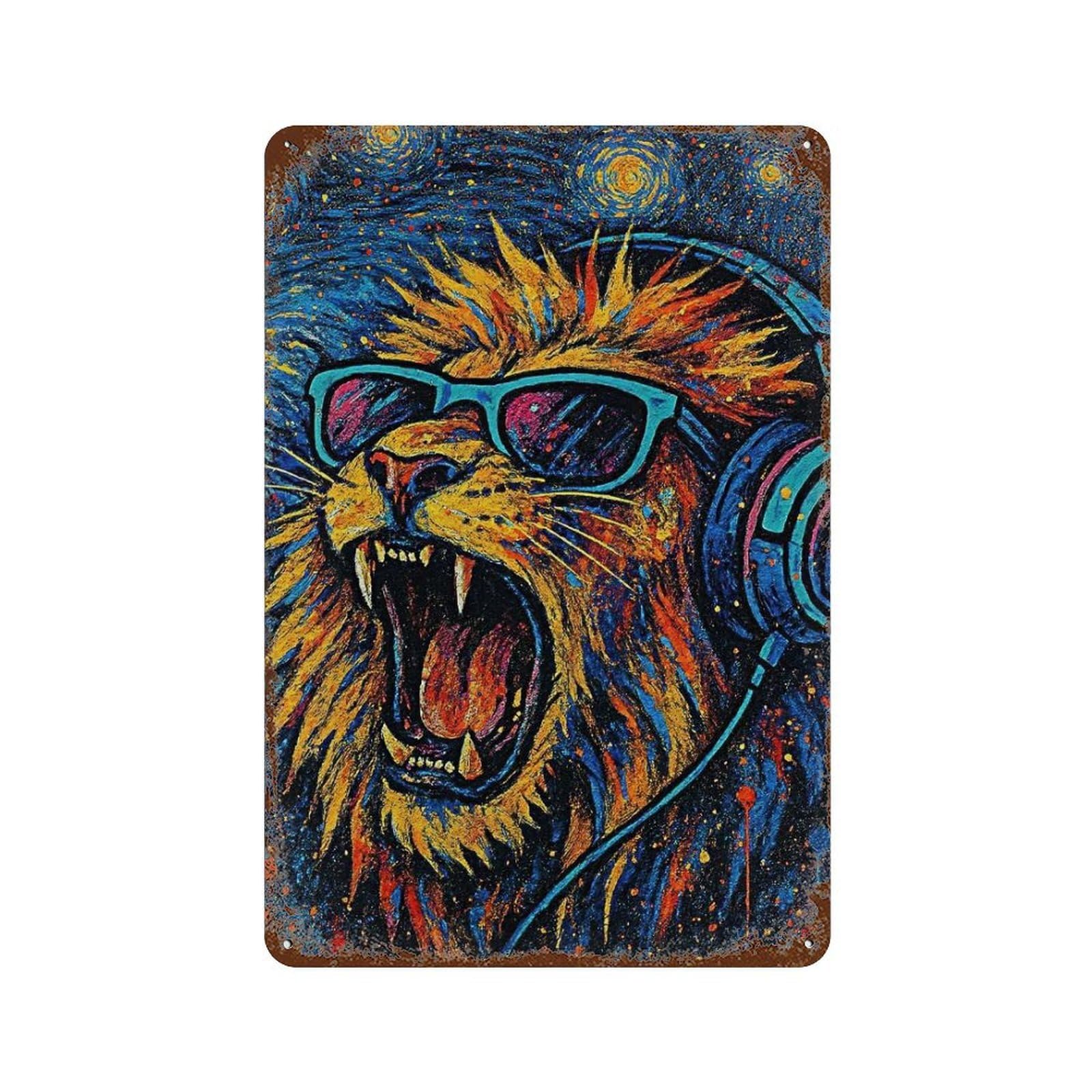Lion with Headphones And Sunglasses Art Rust Effect Tin Sign 11.8"x7.9", Rustic Home Decor for Cafe, Home Bar And Lounge Decor