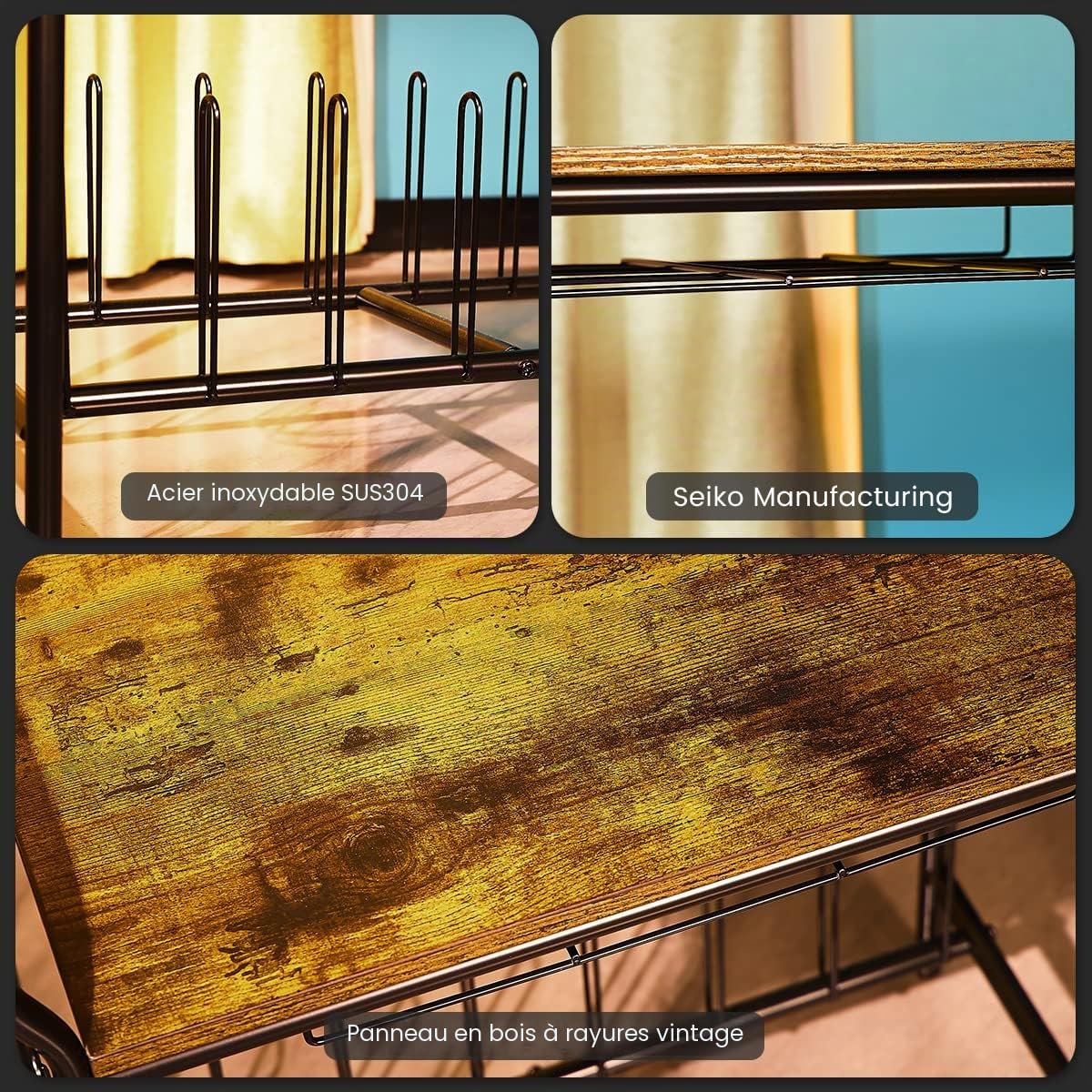 Support, table en bois pour platine ou tourne-disque, avec rangement pour disques, vintage, bronze