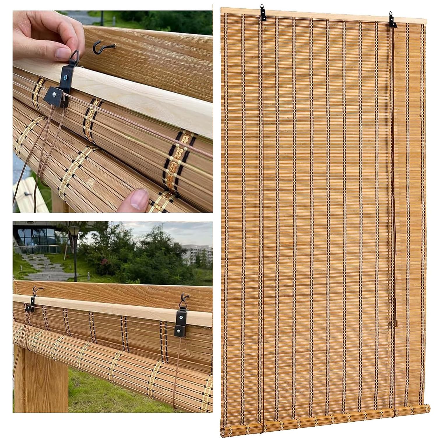 Store en Bambou Naturel,Store Occultant en Bambou Exterieur,Rideau en Bambou,Store à Rouleau en Bois,Store Enrouleur à Traction latérale pour Fenêtres et Portes,Largeur x Hauteur (140cm x 120cm)