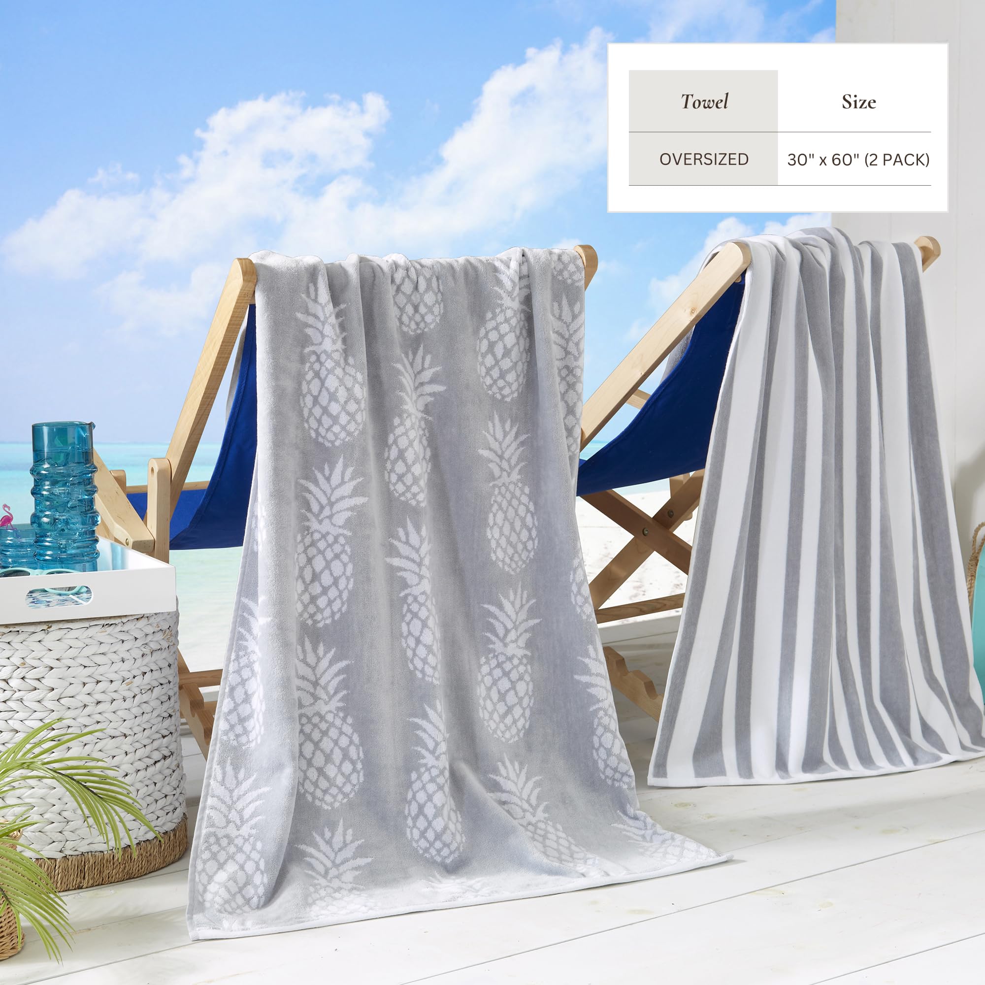 Great Bay Home Großes Strandtuch 2er Set,Ananas und gestreifte Strandtücher für Erwachsene und Velours Pool Handtücher 100% Baumwolle,Leichtes schnell trocknendes Strandtuch-Pack,Strandtuch für Reisen