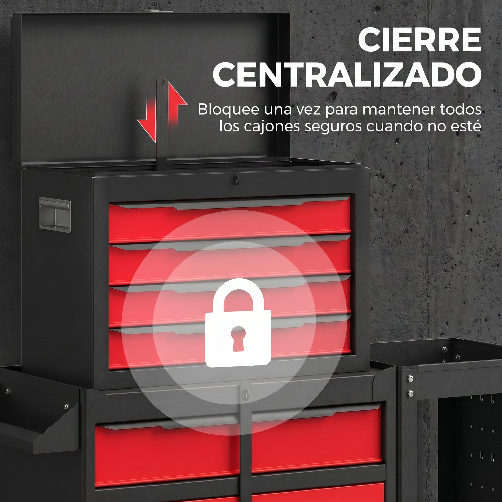 HOMCOM Carro de Herramientas con 5 Cajones 3 en 1 Cerradura Negro y Rojo | Caja de Taller Metálica, Soporte Lateral, Armario Inferior, Paneles Perforados, Asa, 2 Ruedas con Freno de Bloqueo
