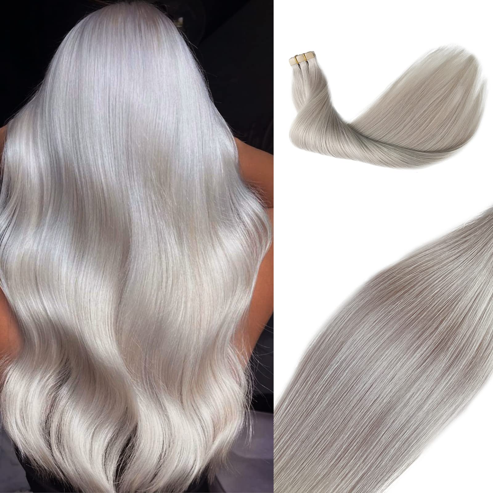 24" Long Tape in Hair Extensions Platinum Sliver 20 Pcs/70Grams Human Hair Silky Straight Seamless Skin Weft Remy Hair Tape ins Platinum Sliver 100%