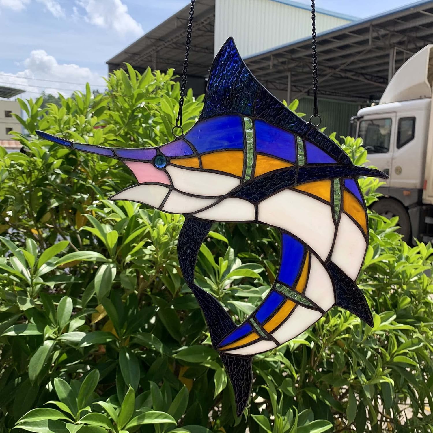 Bieye W10081 Blue Atlantic Marlin Sailfish Tiffany Style Stained Glass Window Panel Hangings, 14.75" Wx14 H