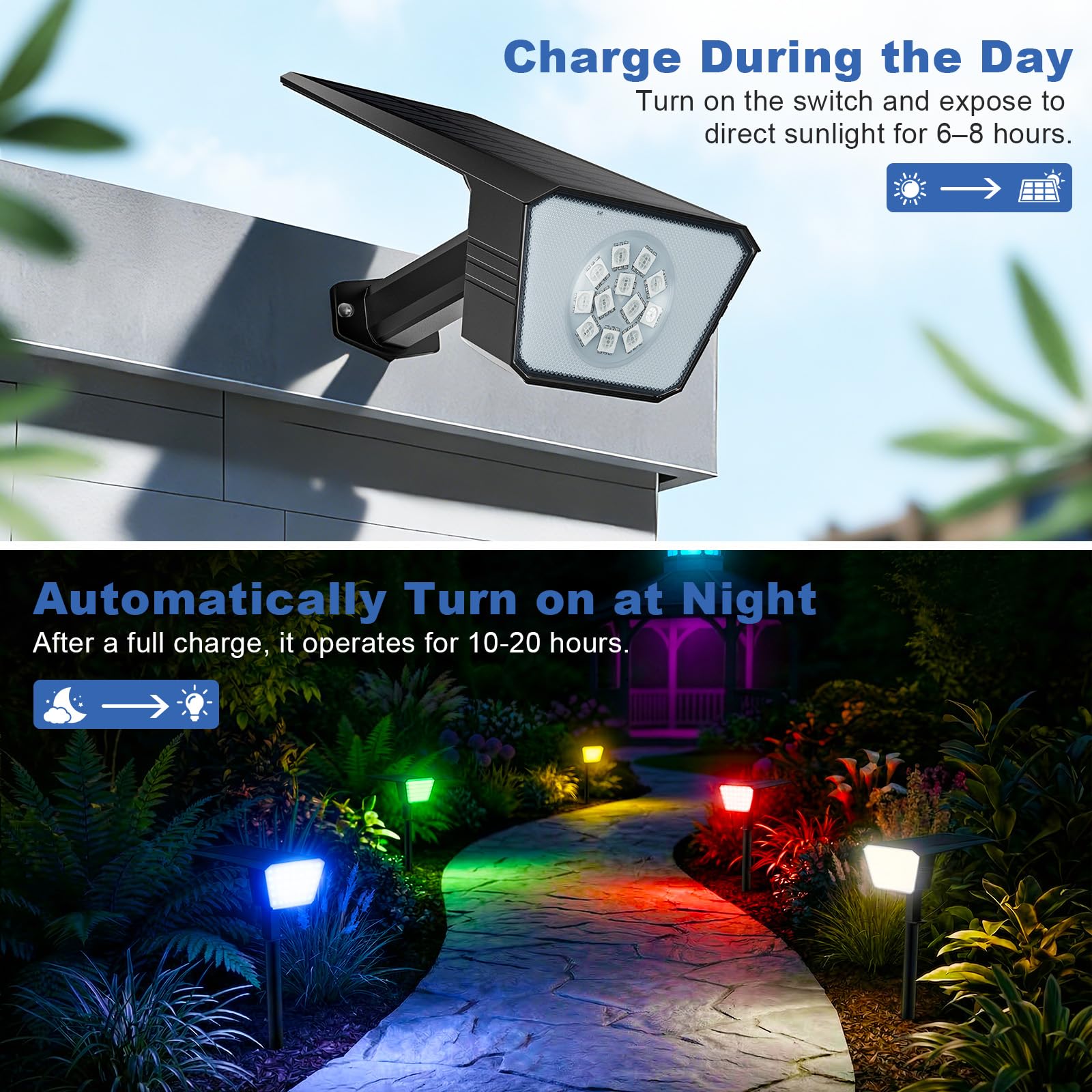 FIFlying Luces Solares LED Exterior Jardin 4 Piezas, 12 LED Focos LED Exterior Solares, 8 Modos Impermeable IP67 Foco Solar para Patio, Caminos, Terraza, Calzada, Piscina, Césped - Multicolor