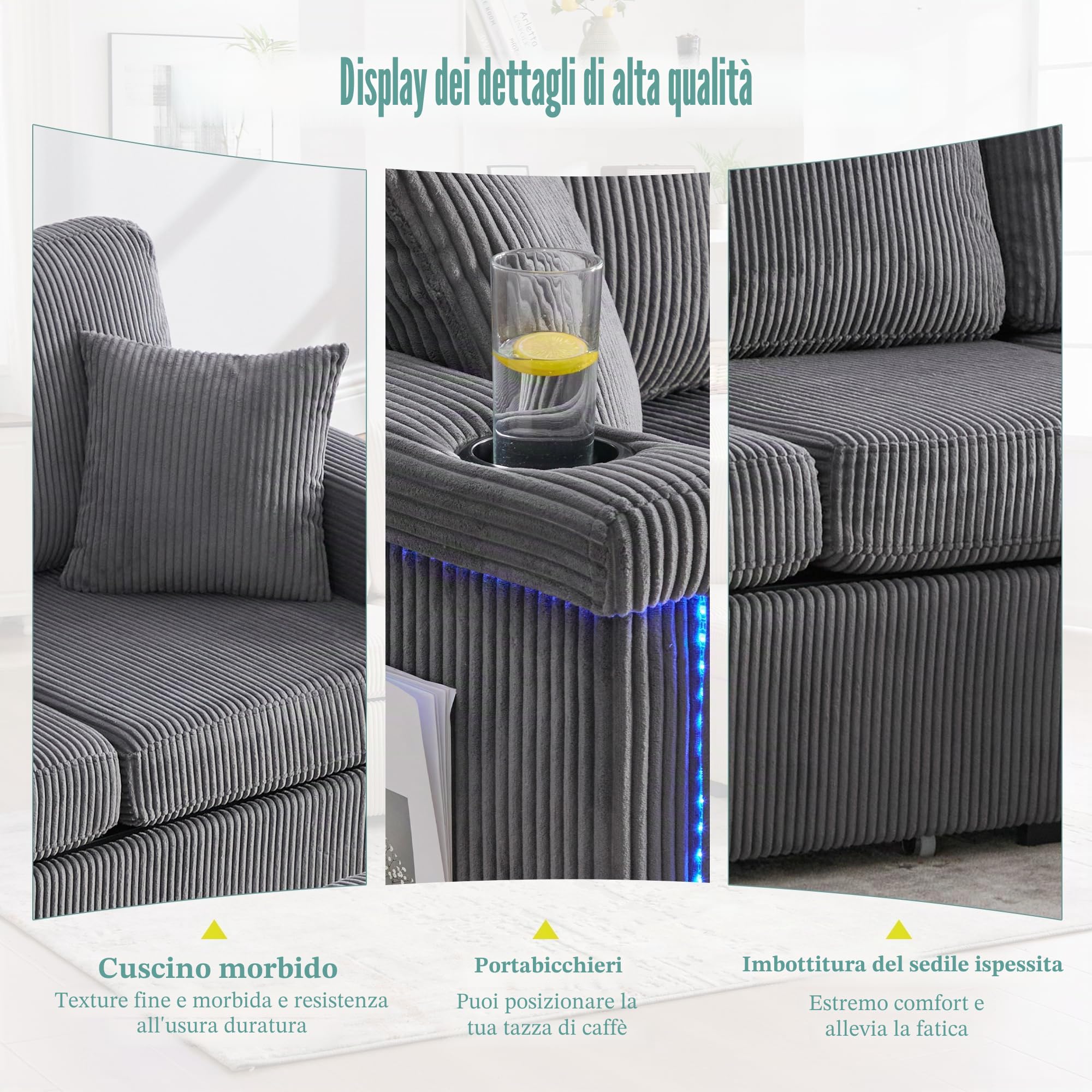 Divano in Velluto con illuminazione a LED e Porta USB-C, Divano 3 Posti con Poggiapiedi Contenitore e 2 Cassetti, Chaise Longue per il Soggiorno, la Camera da letto o l'ufficio(grigio scuro)