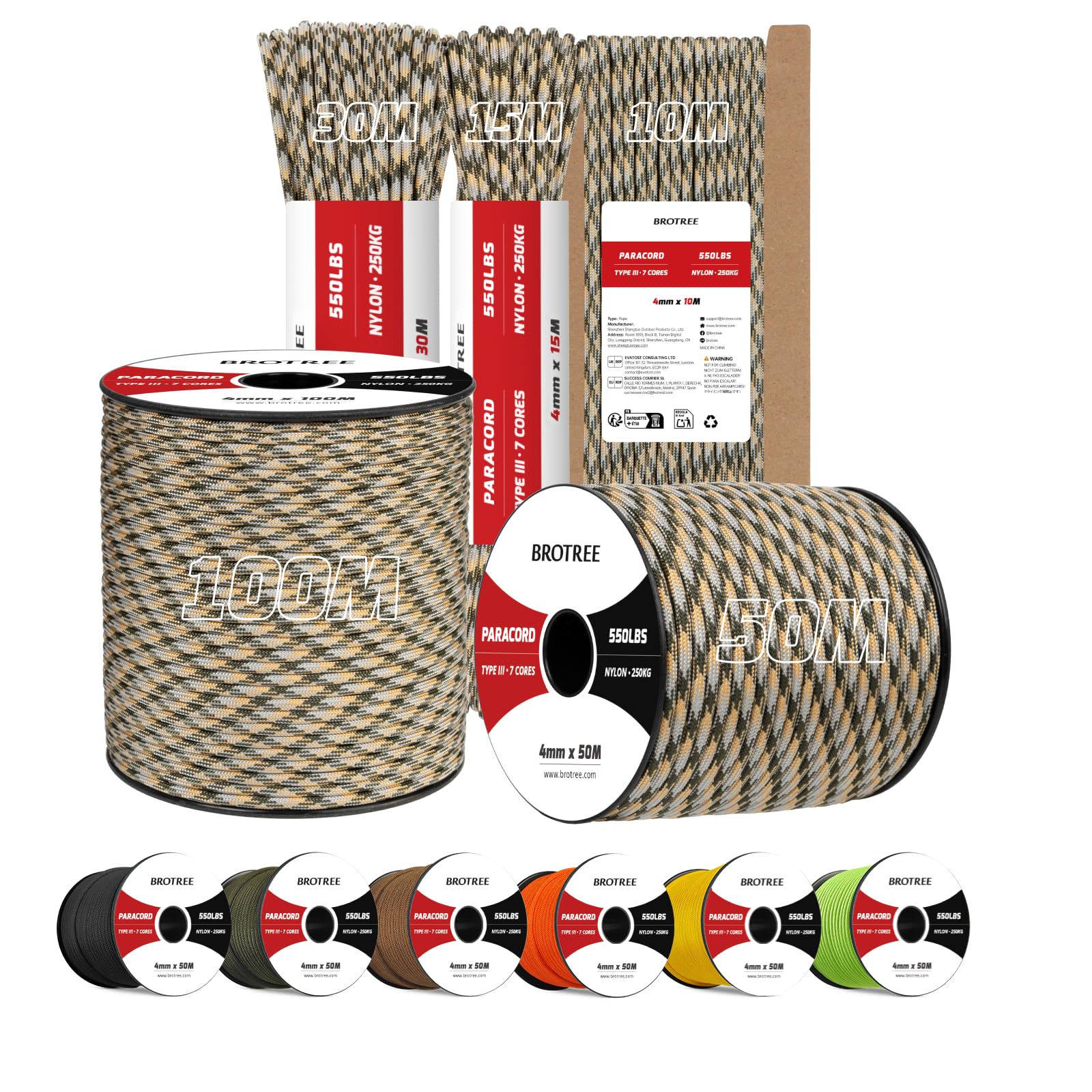 Brotree 4mm Paracord 550 100M 100% Nylon Rope 7 Strands Type III Parachute Cord for Outdoor and DIY - 250kg Breaking Load (Golden Yellow)