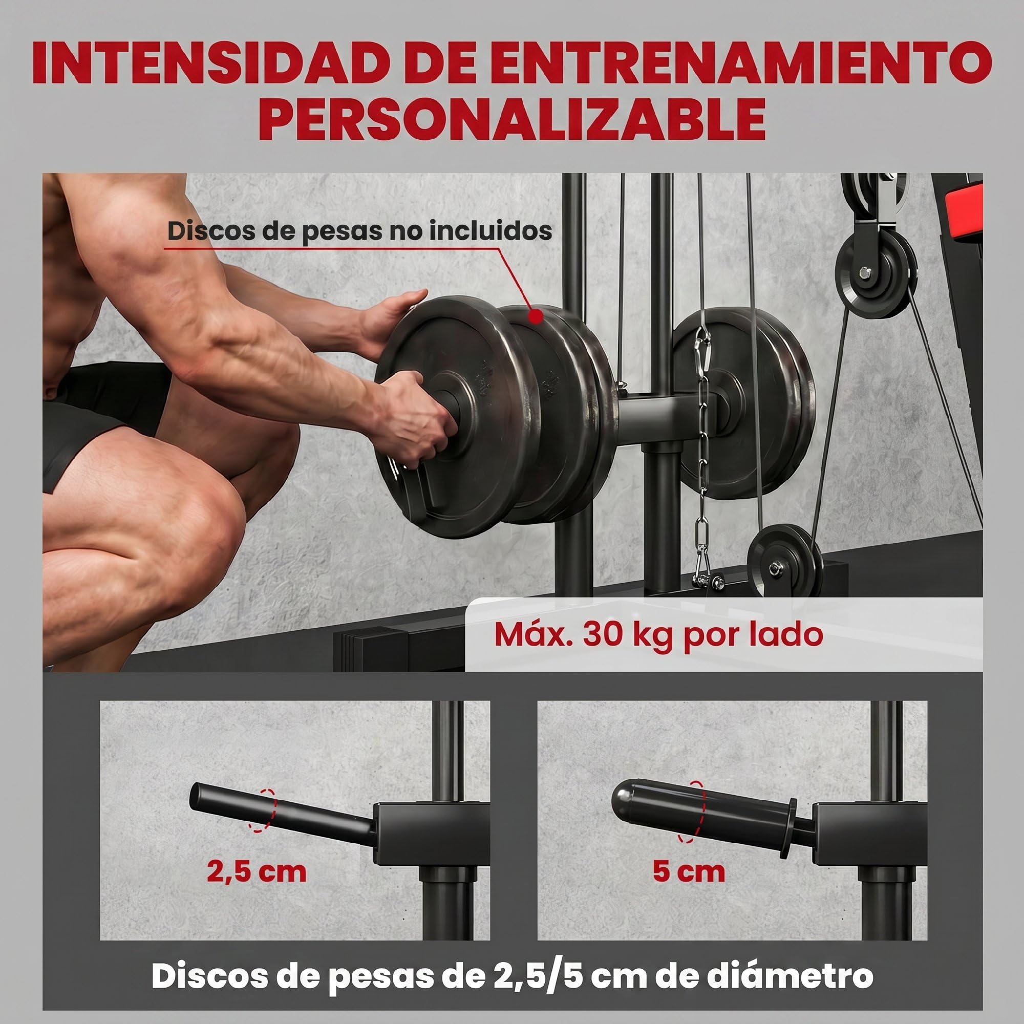 SPORTNOW Multiestación Musculación, Máquina de Musculación con Polea Alta y Baja, Prensa de Pecho, Curl de Piernas y Bíceps, Mariposa, Compatible con Discos 25 y 50 mm Carga 120 kg para Gimnasio Casa