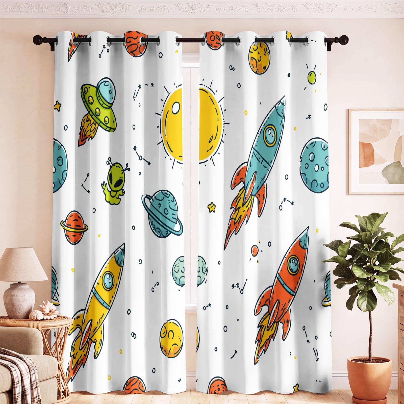 Space Kids Cortinas 95% opacas para oscurecer la habitación, con cohete alienígena, sol, estrellas, universo, tema espacial infantil, cortinas de ventana con aislamiento térmico para dormitorio, 52 x