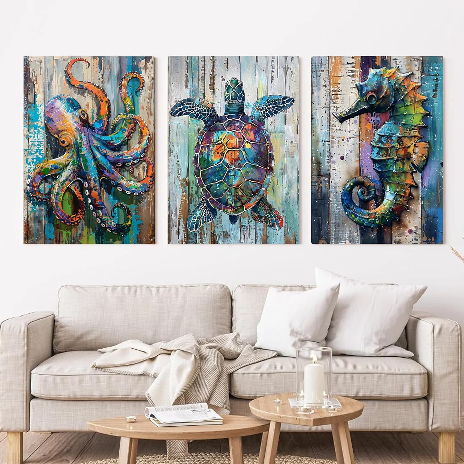 PicturePerfect Decor Marine Life Wall Art Watercolor Octopus Turtle Seahorse Wall Decoration Beach Green Bathroom Picture Print Animal Wall Art Coastal Painting Artwork 16x24 Inch 3 Piece Set