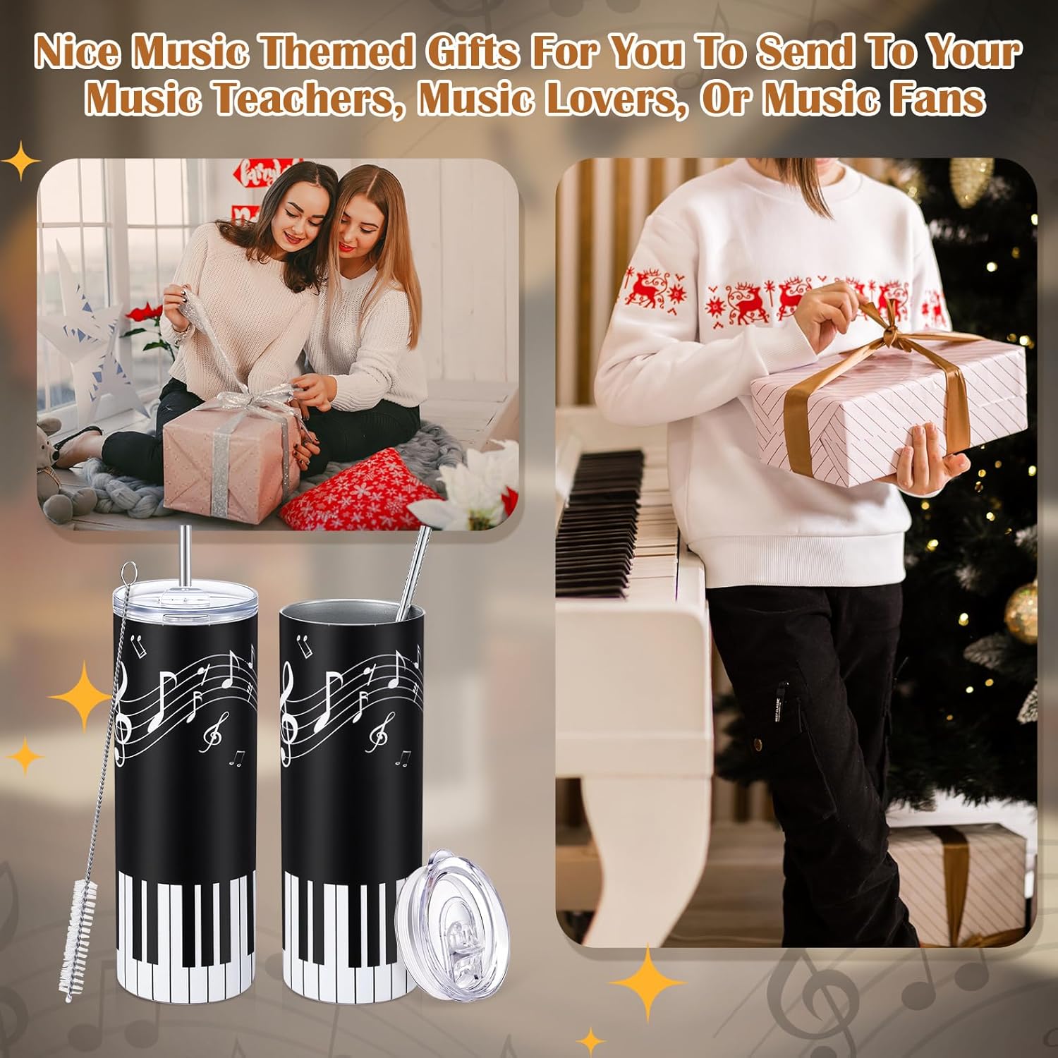 Umigy 2 Pieces Piano Gift Tumbler with Lid Straw and Brush, 20 oz Musical Note Travel Coffee Mug Stainless Steel Cup for Valentine's Day Music Lovers Singers Player Teacher Gifts - Image 3