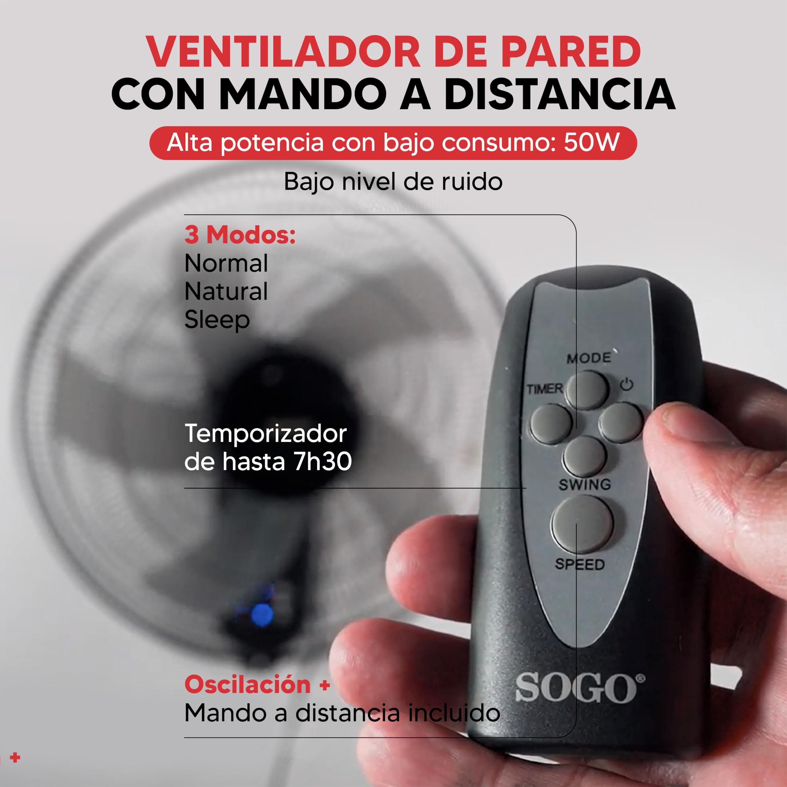 SOGO Ventilador De Pared 16" Con Mando A Distancia - Alta Potencia Bajo Ruido Para Dormitorio - Oscilante Con Temporizador - Ventilador De Pared Con Aire Direccionable