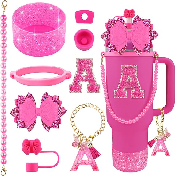 9PCS Hot Pink for Stanley Cup Accessories Set Bling Initials Bow Charms for Stanley Decorations 30/40 Oz Tumbler Accessories Including Bow Straw Topper, Handle Strap, Spill Stopper(Letter A)