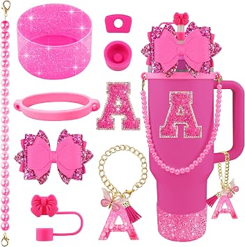 9PCS Hot Pink for Stanley Cup Accessories Set Bling Initials Bow Charms for Stanley Decorations 30/40 Oz Tumbler Accessories Including Bow Straw Topper, Handle Strap, Spill Stopper(Letter A)