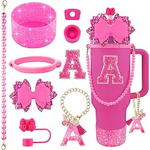 9PCS Hot Pink for Stanley Cup Accessories Set Bling Initials Bow Charms for Stanley Decorations 30/40 Oz Tumbler Accessories Including Bow Straw Topper, Handle Strap, Spill StopperLetter A