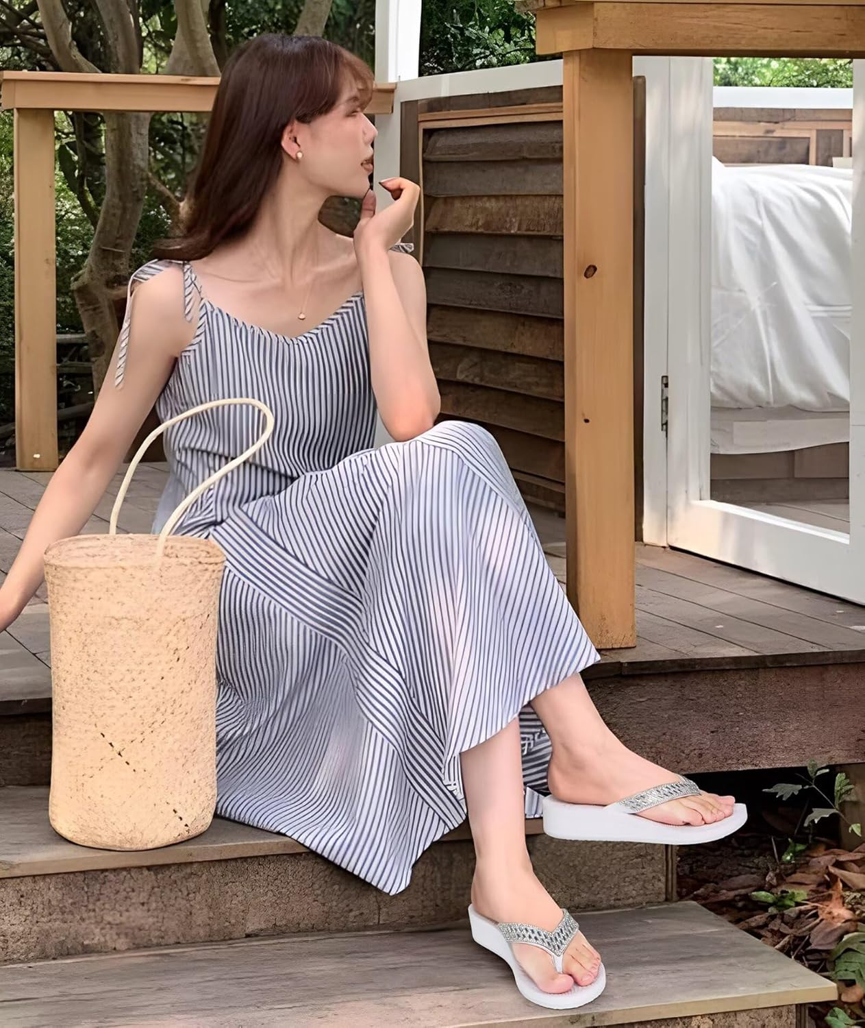 KuaiLu Women's Rhinestone Platform Arch Support Flip Flop Sandals - Image 2