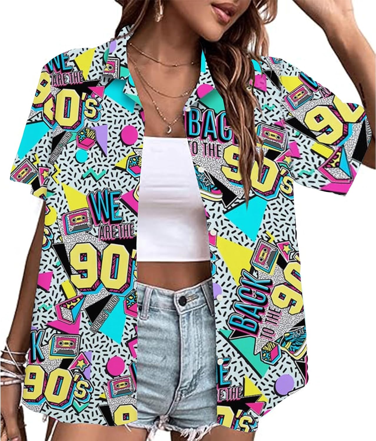 80s 90s Outfits for Women 80s Party Themed Outfit Shirt 90s Hawaiian Button Down Shirts Retro Neon Disco tee Tops - Image 2