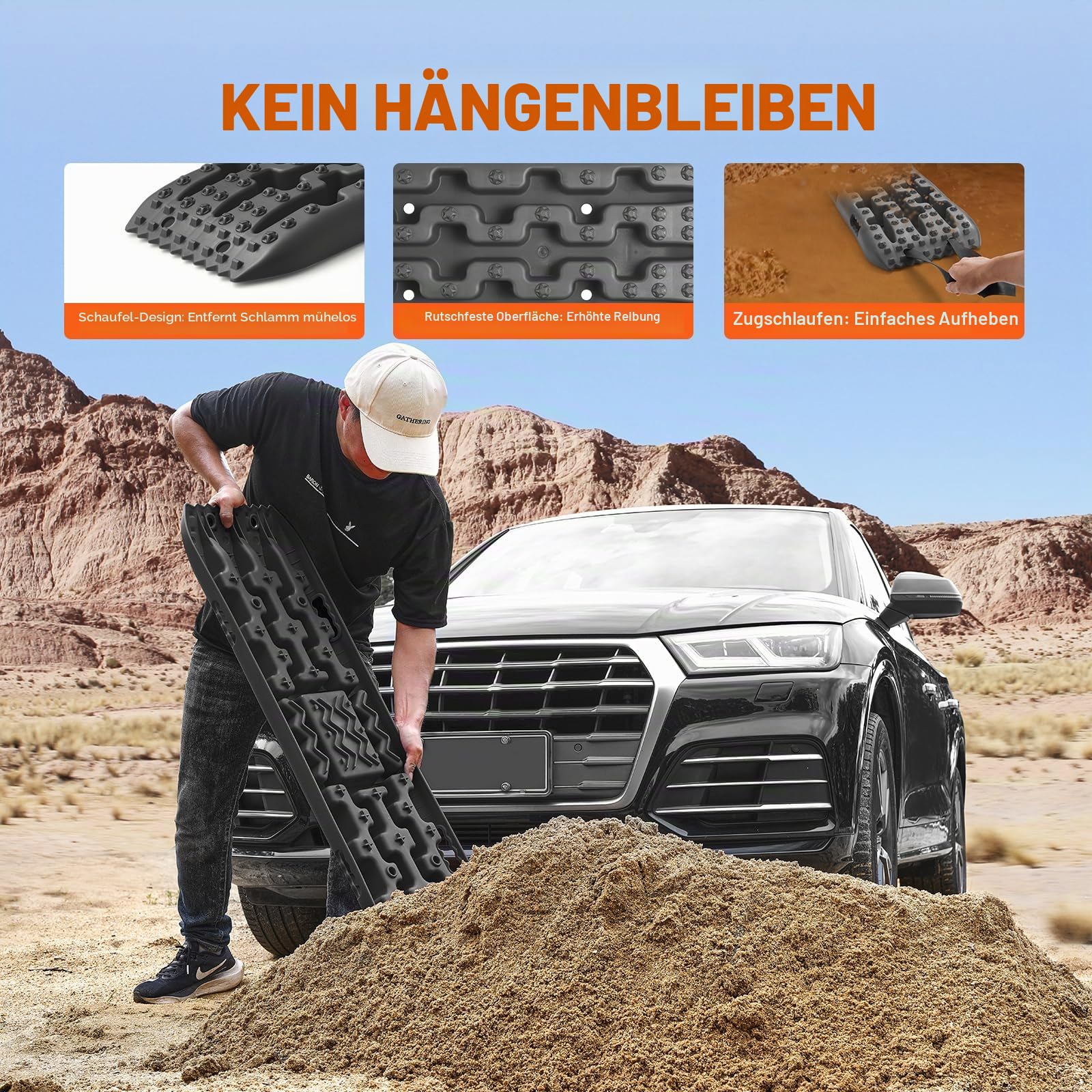 VEVOR 10 TONNEN Traktionsbretter mit PP-Material, Bergungsbretter für Geländefahrzeuge/Autos/Pickups/SUVs/Wohnmobile, Paar Reifen-Traktionsmatten auf Schnee, Sand, Schlamm und losem Untergrund
