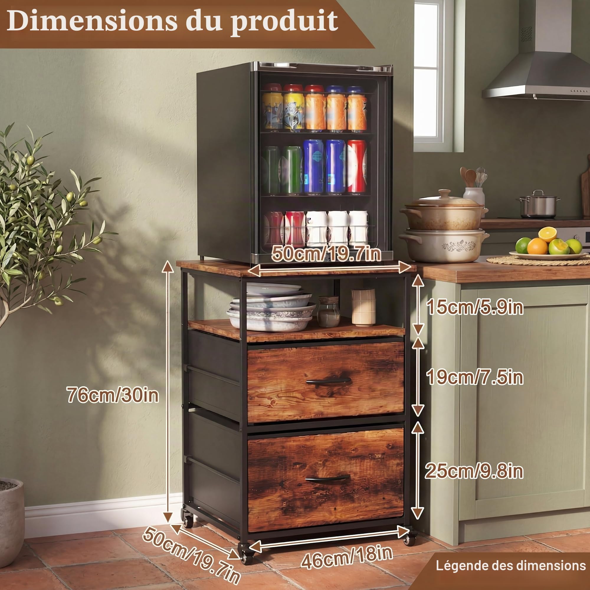Turosur Mini support de réfrigérateur avec rangement et roulettes 50 x 50 x 70 cm, marron vintage