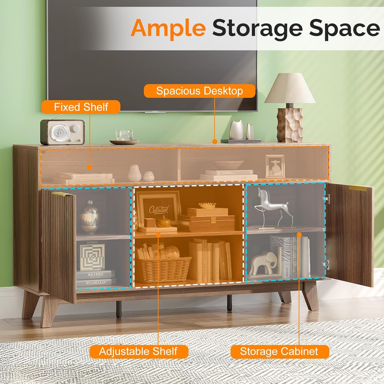 VINGLI Boho Fluted TV Stand for 70" TV, Solid Wood Entertainment Center with Storage and Shelves, Tall Media Console with Cable Management, TV Cabinet for Living Room and Bedroom, Walnut - Image 4