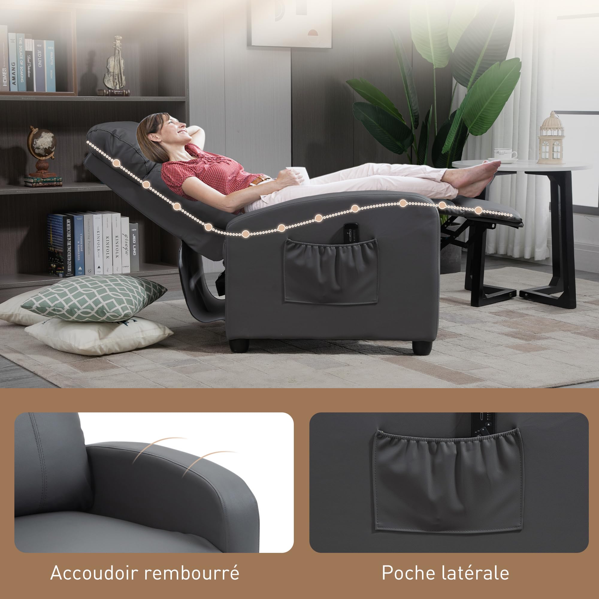 HOMCOM Fauteuil de Relaxation et Massage avec Inclinaison Manuelle Dossier Repose-Pied réglable revêtement synthétique Gris
