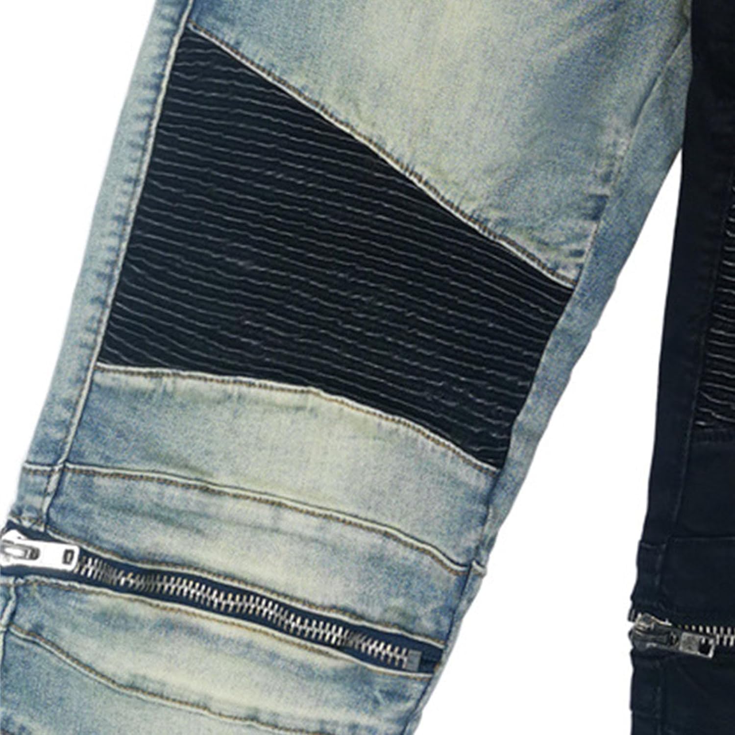 JEsilunmaMY Men's Pleated Skinny Biker Jeans Zipper Deco Hip Hop Stretchy Denim Pants Slim Fit Distressed Straight Fit Jeans