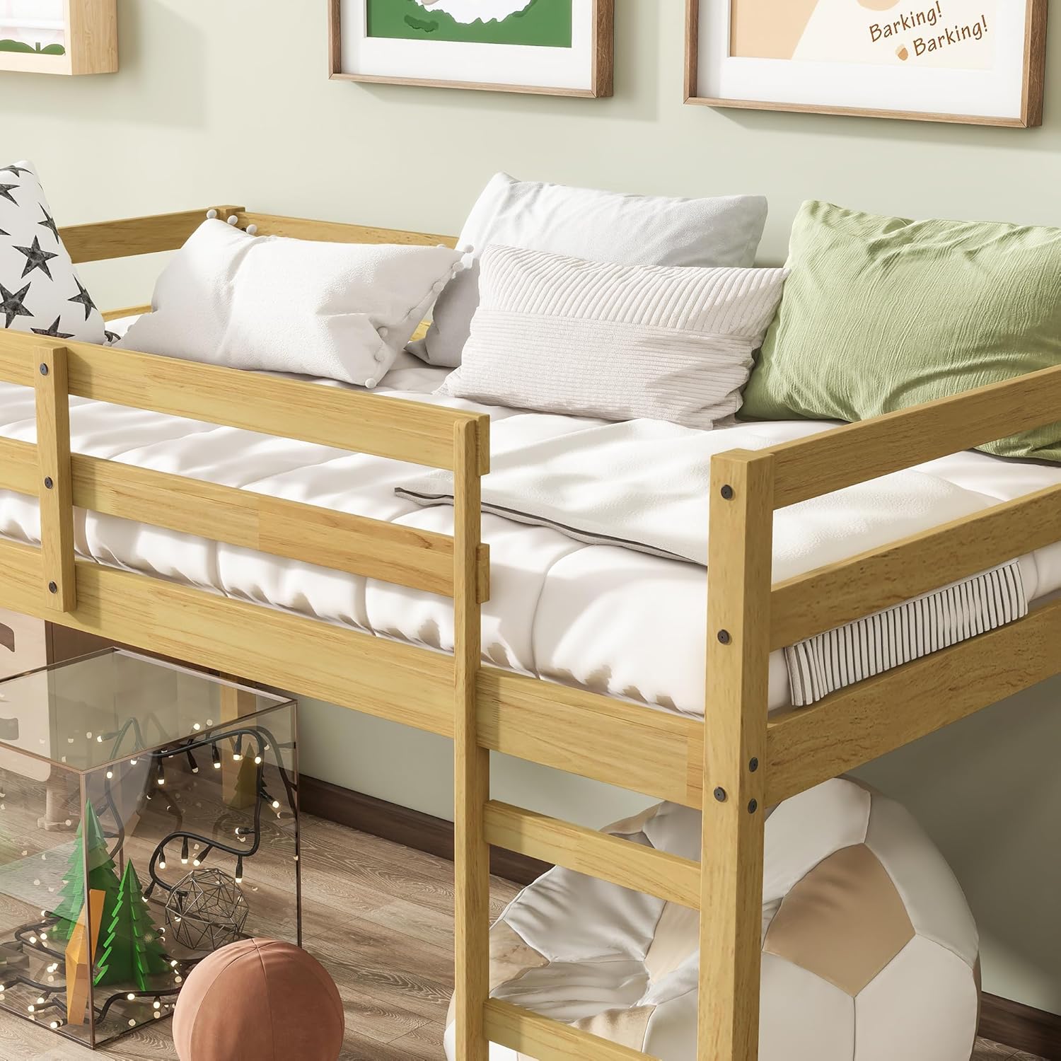 Twin Loft Bed with Ladder, Wood Sturdy Low Loft Bed Frame for Boys Girls and Junior