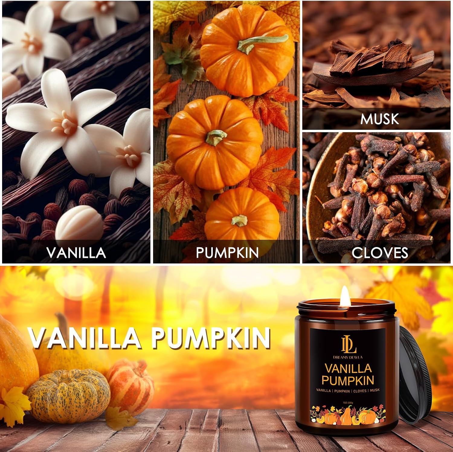 DL DREAMY DEWLA Fall Candle, Vanilla Pumpkin Scented for Home, 7oz Soy Wax image 5