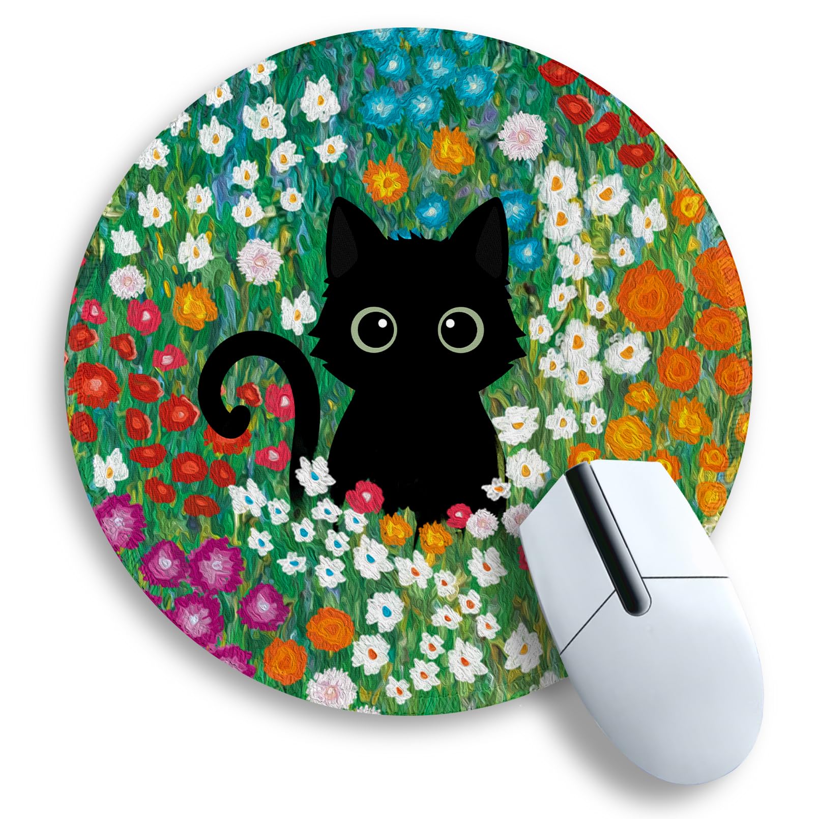 Gctriki Anime Black Cat Mouse Pad 8.6 x 8.6 Inch, Funny Round Mousepad for Gaming Laptop Computer, with Stitched Edge Non-Slip Rubber Base, Cute Cat Flower Home Office Decor Desk Accessories